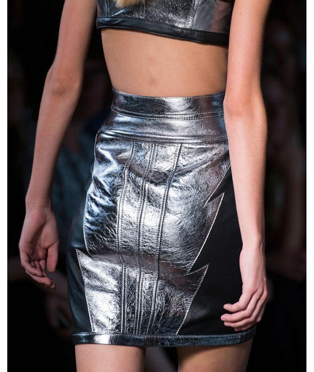 DIESEL Серебряная кожаная юбка мини, фото 2