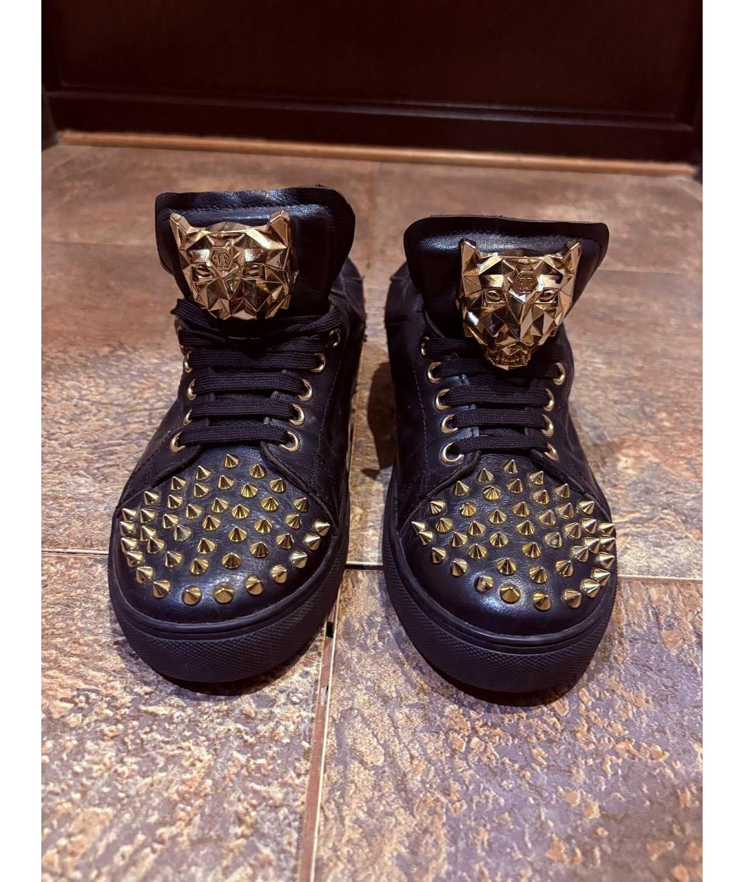 PHILIPP PLEIN Черные кожаные низкие кроссовки / кеды, фото 2