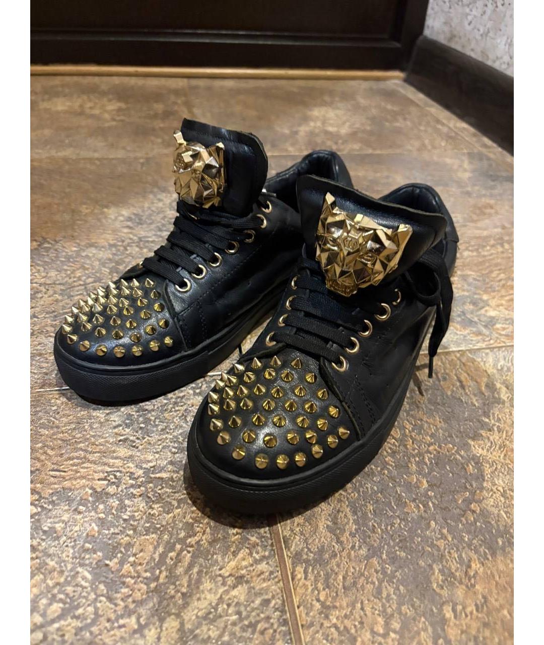 PHILIPP PLEIN Черные кожаные низкие кроссовки / кеды, фото 3