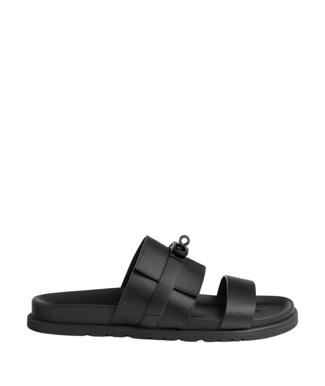 HERMES Черные кожаные шлепанцы, фото 1