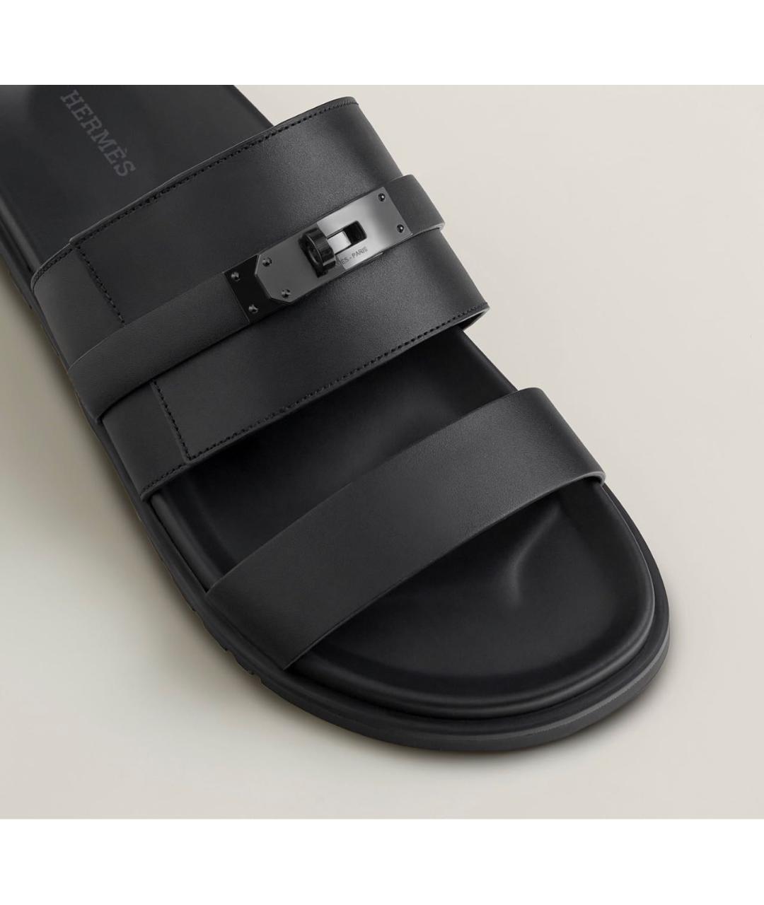 HERMES Черные кожаные шлепанцы, фото 2