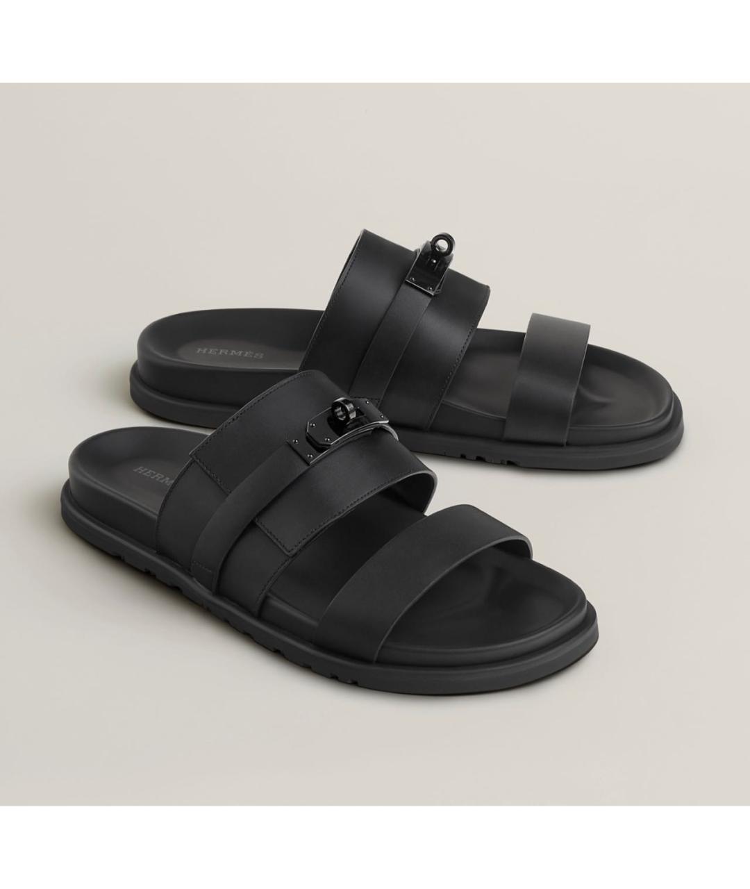 HERMES Черные кожаные шлепанцы, фото 3