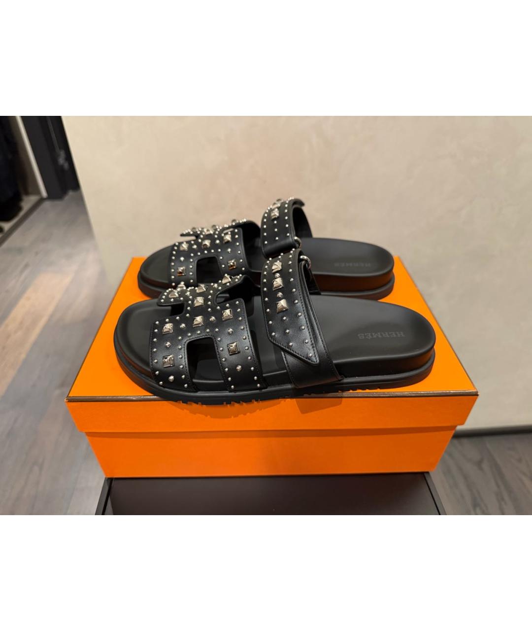 HERMES Черные кожаные шлепанцы, фото 5