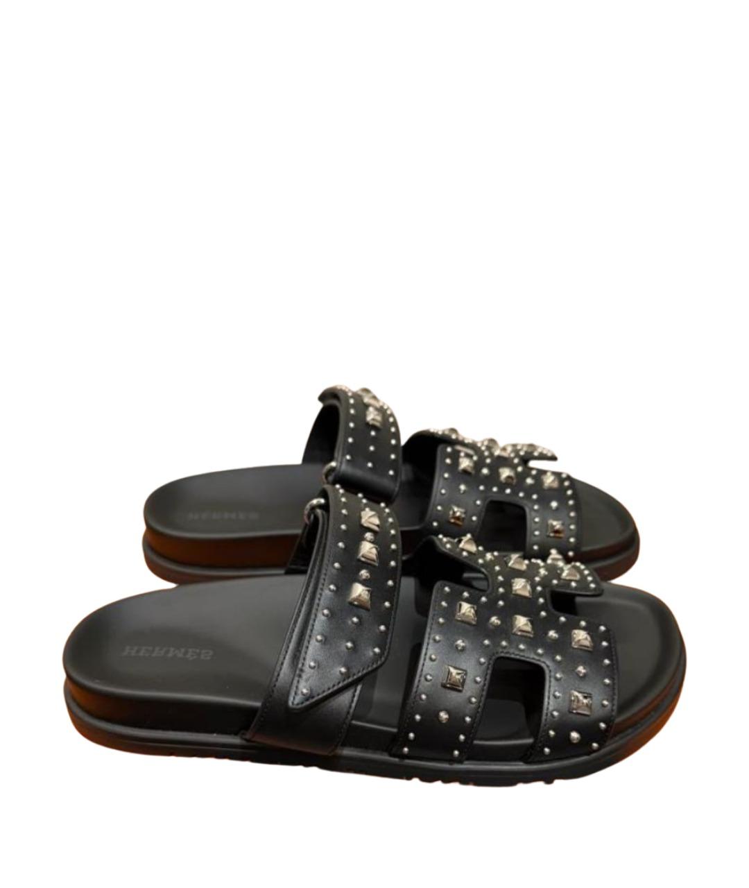 HERMES Черные кожаные шлепанцы, фото 1