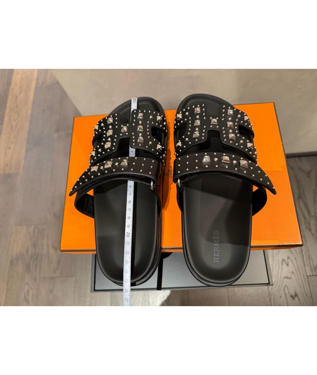 HERMES Черные кожаные шлепанцы, фото 3