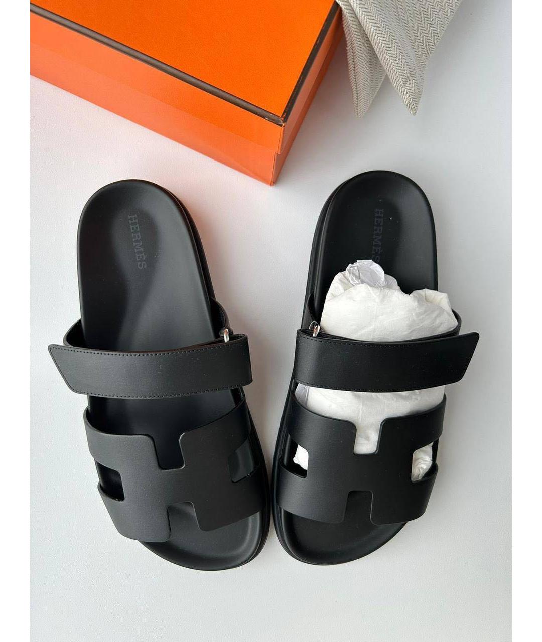 HERMES Черные кожаные шлепанцы, фото 3