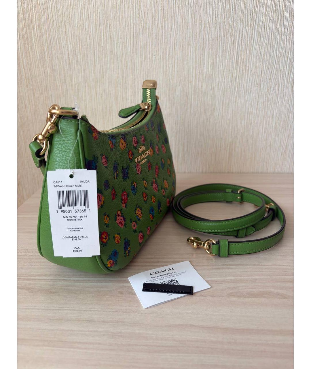 COACH Зеленая кожаная сумка с короткими ручками, фото 6