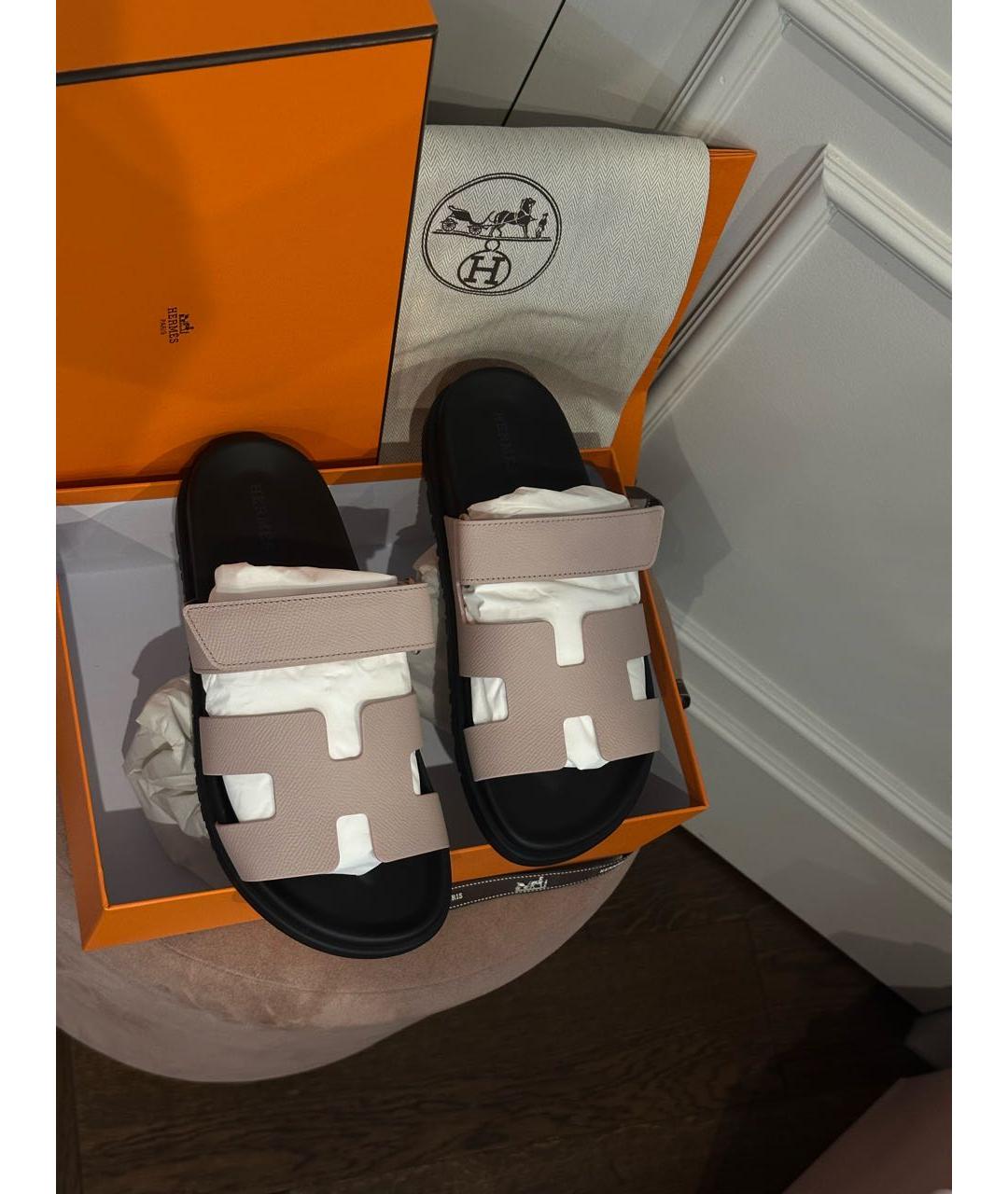HERMES Розовые кожаные шлепанцы, фото 3