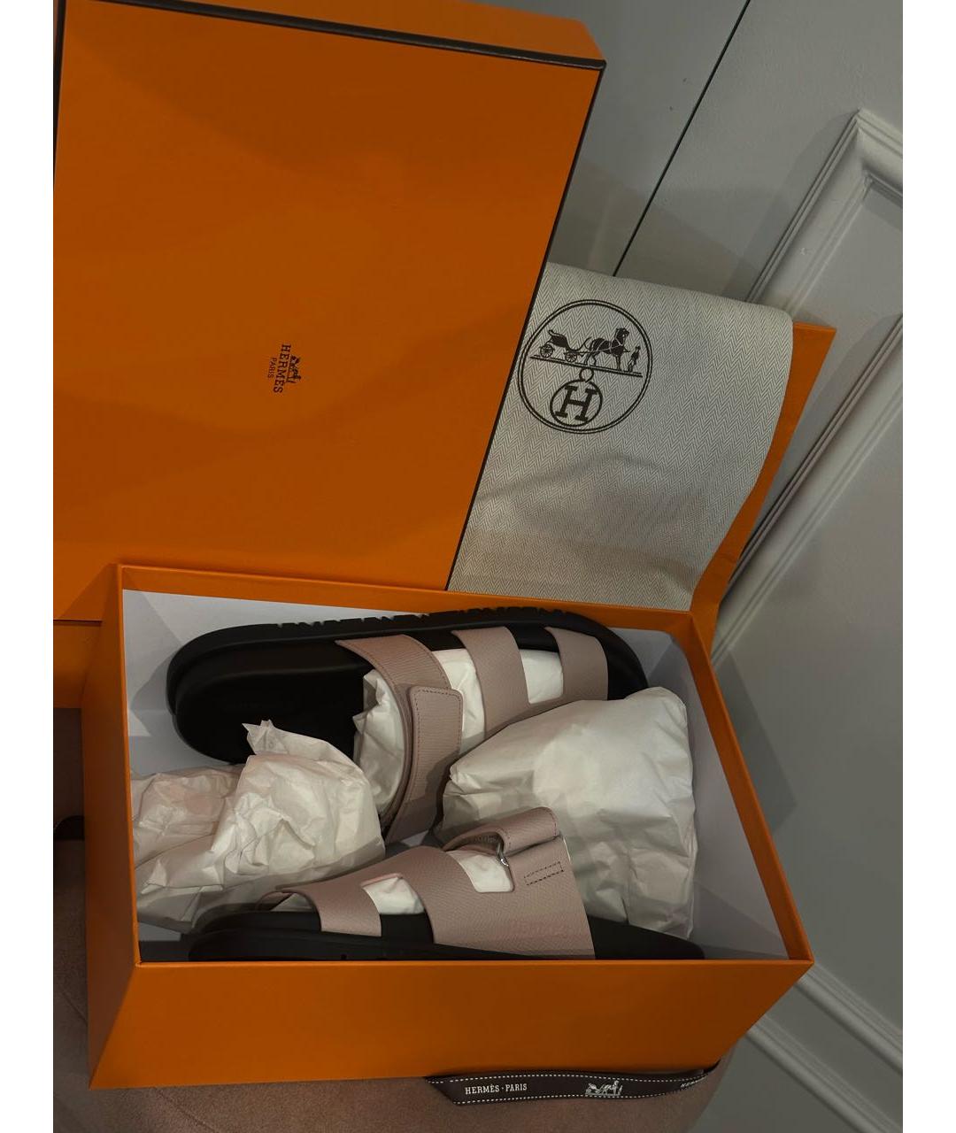 HERMES Розовые кожаные шлепанцы, фото 2