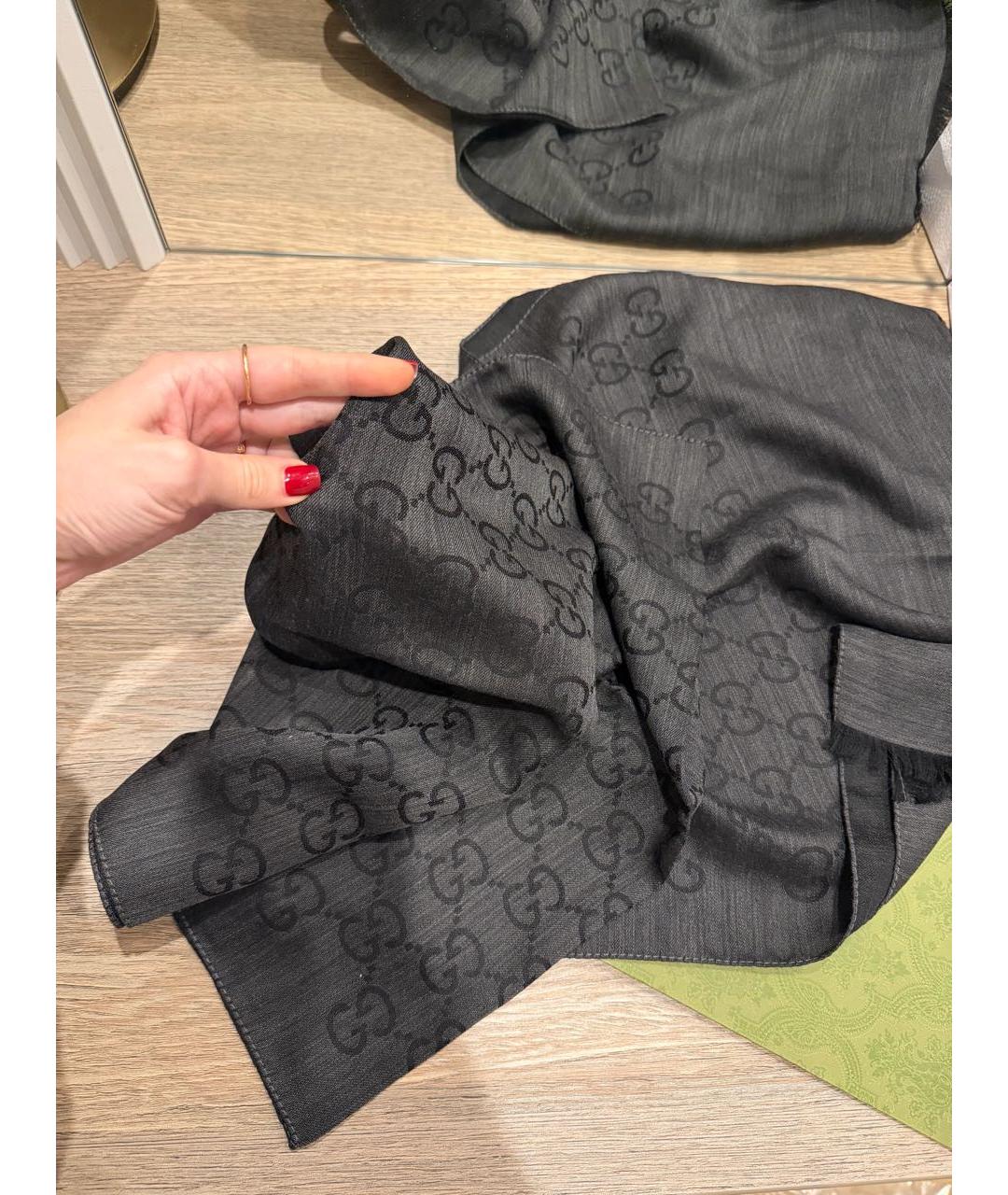 GUCCI Антрацитовый шерстяной шарф, фото 5