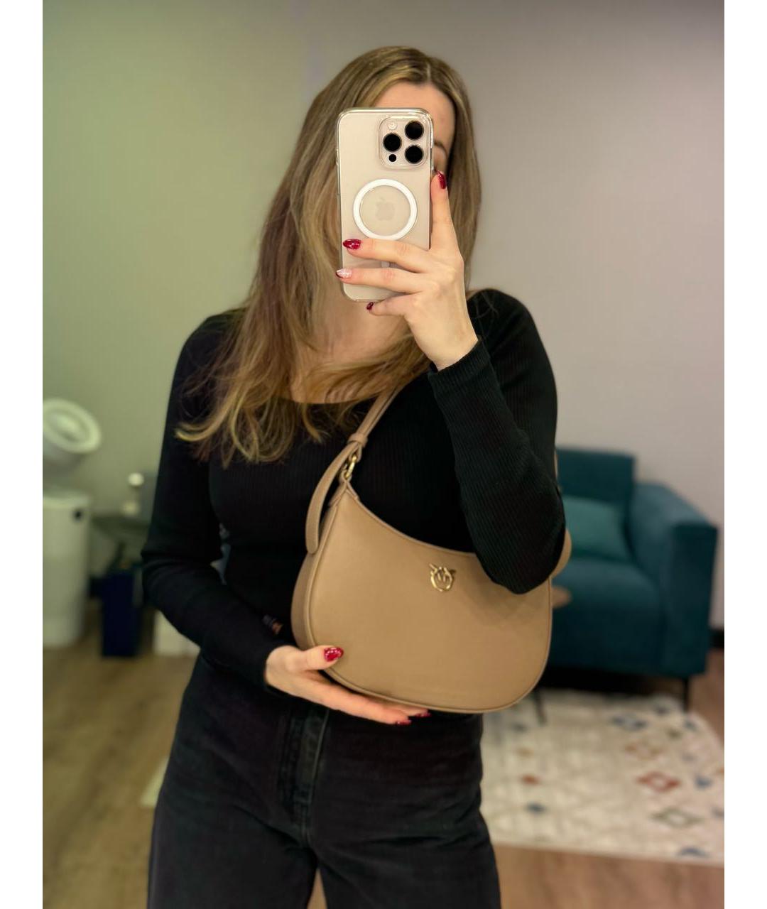 PINKO Бежевая кожаная сумка через плечо, фото 7