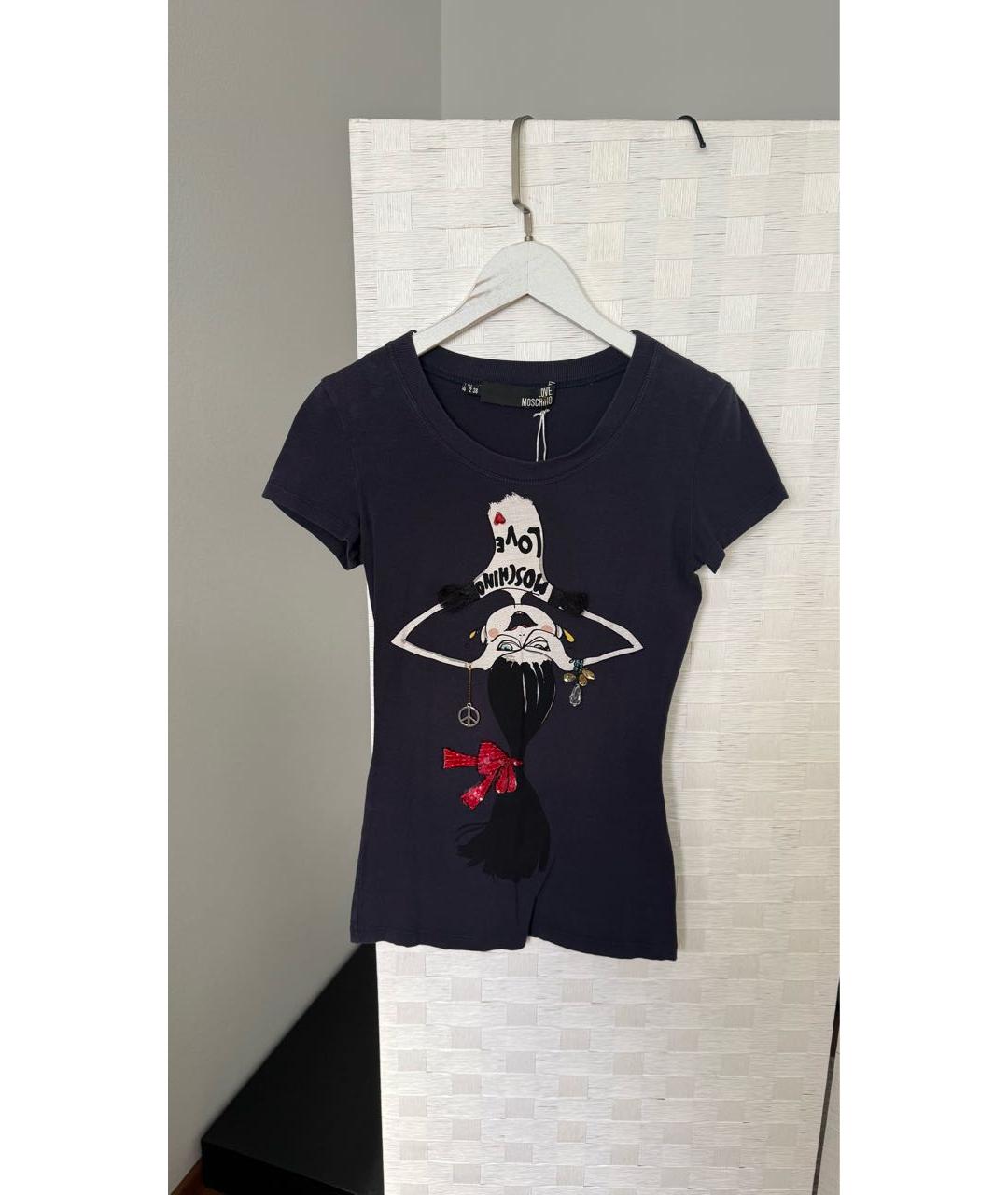 LOVE MOSCHINO Темно-синяя хлопко-эластановая футболка, фото 4