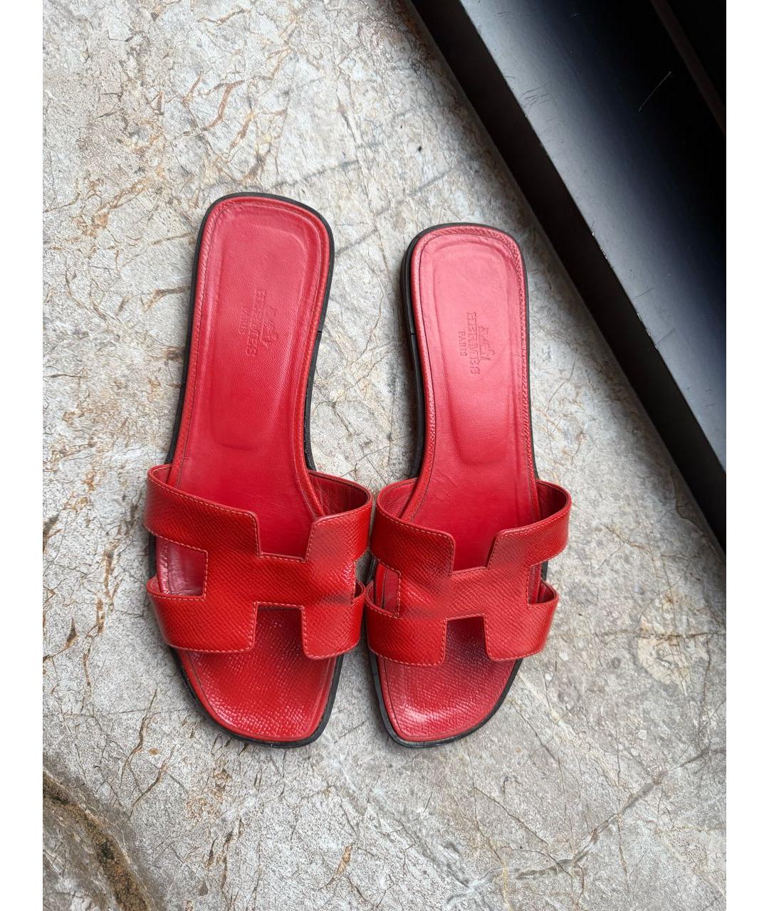 HERMES Красные кожаные шлепанцы, фото 3