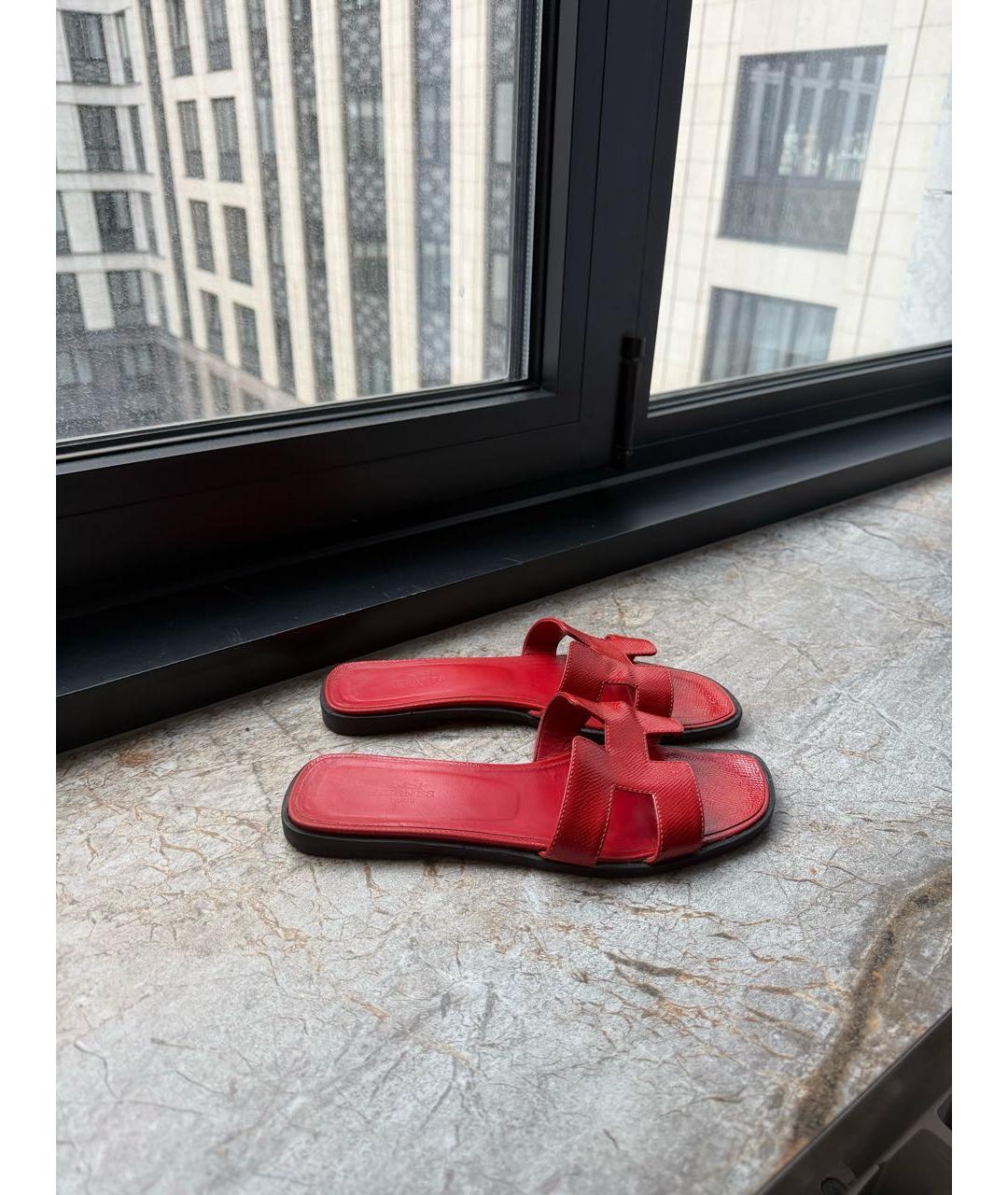 HERMES Красные кожаные шлепанцы, фото 6