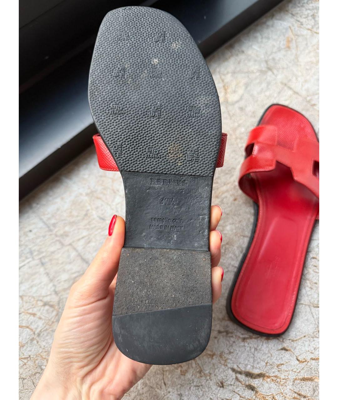 HERMES Красные кожаные шлепанцы, фото 5