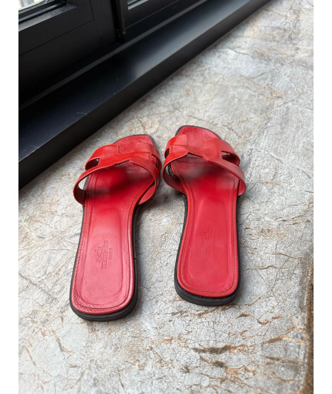 HERMES Красные кожаные шлепанцы, фото 4