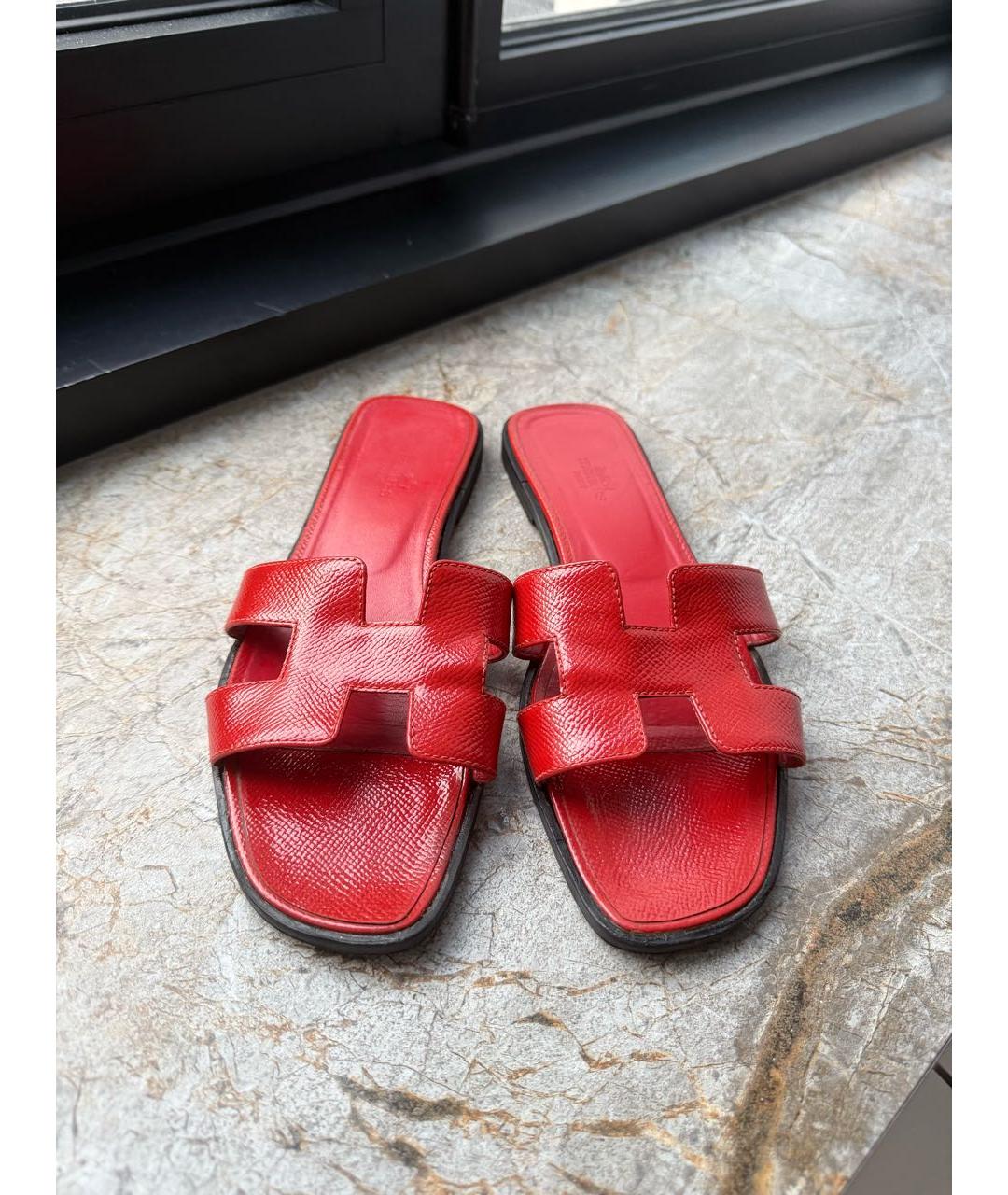 HERMES Красные кожаные шлепанцы, фото 2