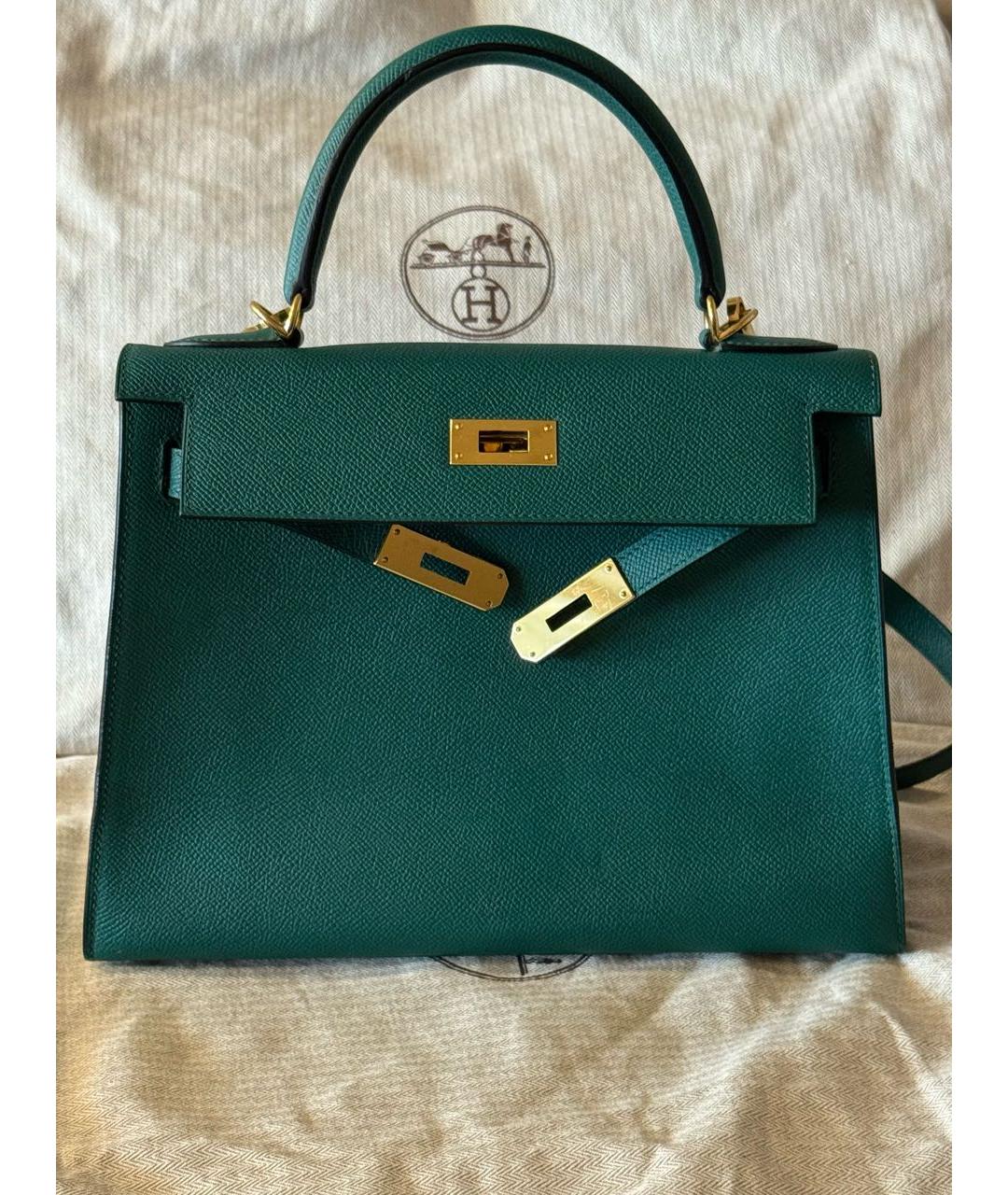 HERMES Зеленая кожаная сумка с короткими ручками, фото 2