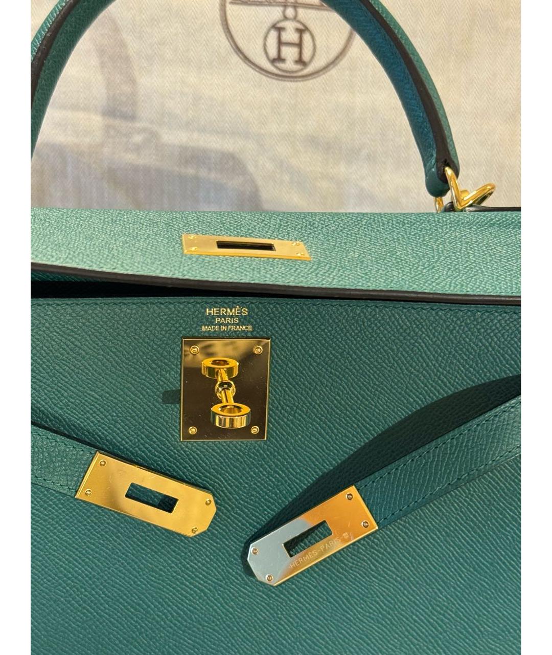 HERMES Зеленая кожаная сумка с короткими ручками, фото 5