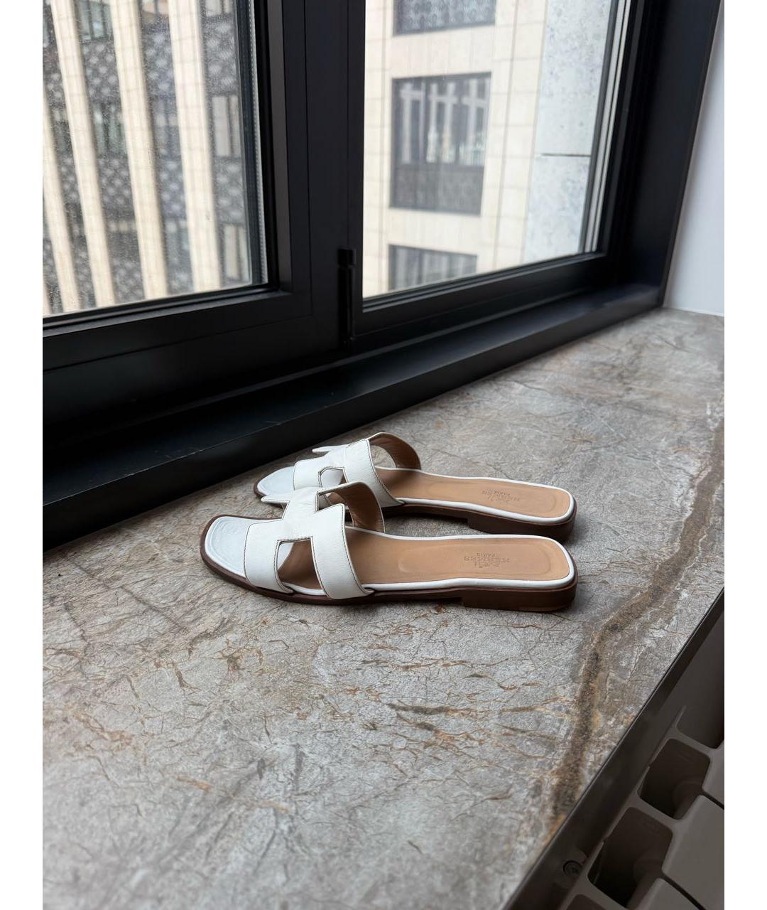HERMES Белые кожаные шлепанцы, фото 7