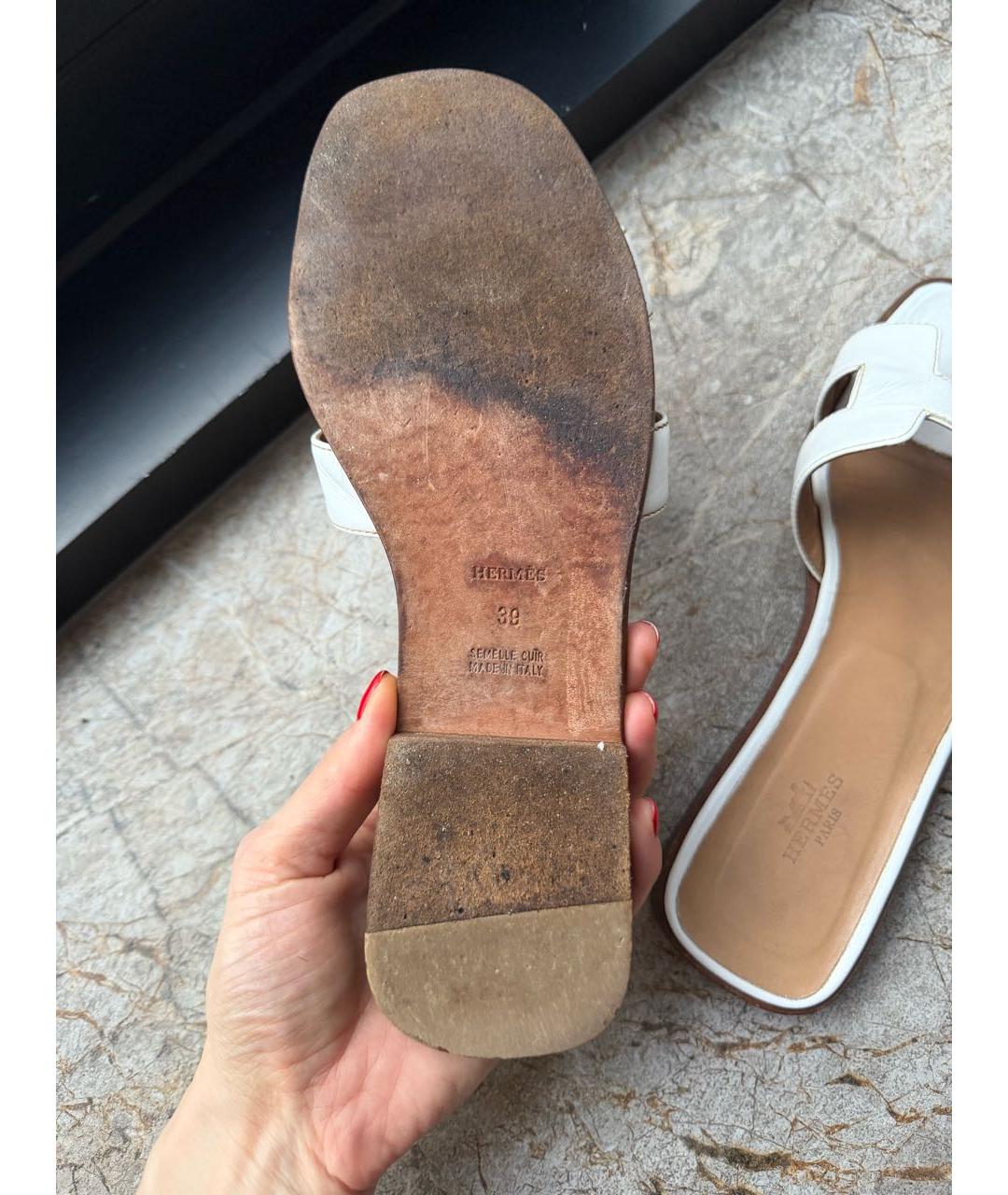 HERMES Белые кожаные шлепанцы, фото 5