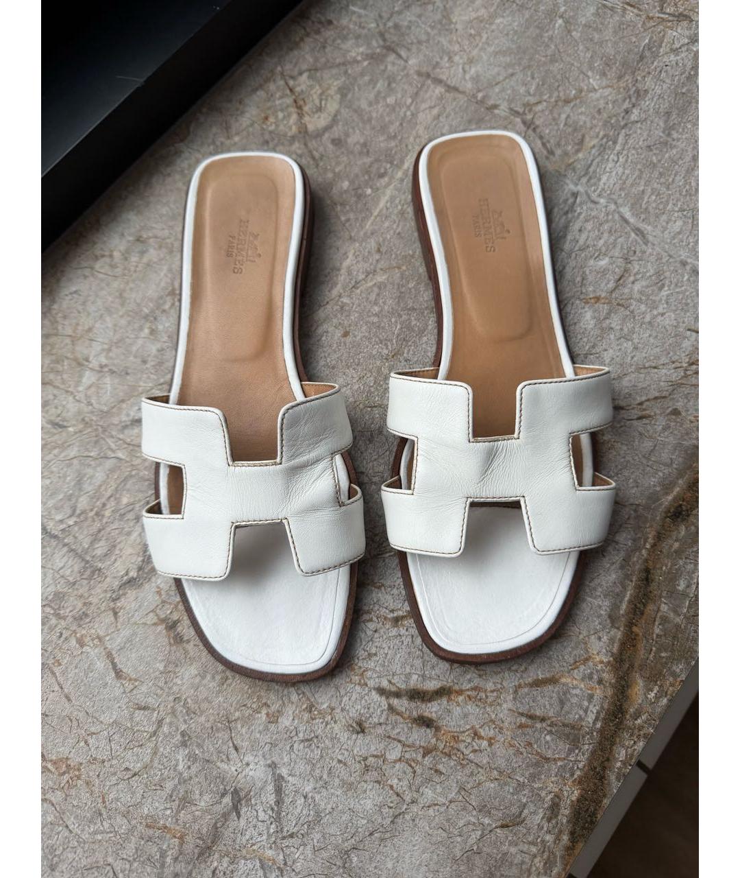 HERMES Белые кожаные шлепанцы, фото 3