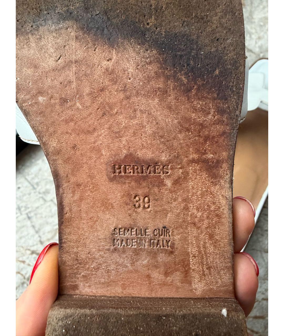 HERMES Белые кожаные шлепанцы, фото 6