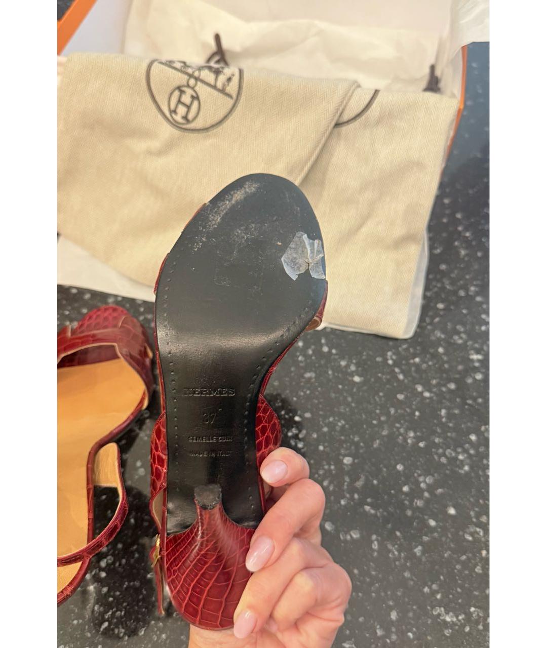 HERMES Бордовые босоножки из экзотической кожи, фото 4