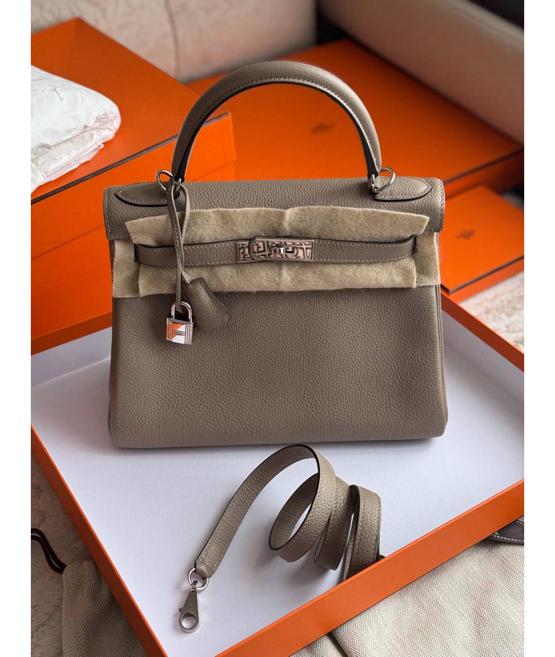 HERMES Бежевая кожаная сумка с короткими ручками, фото 8