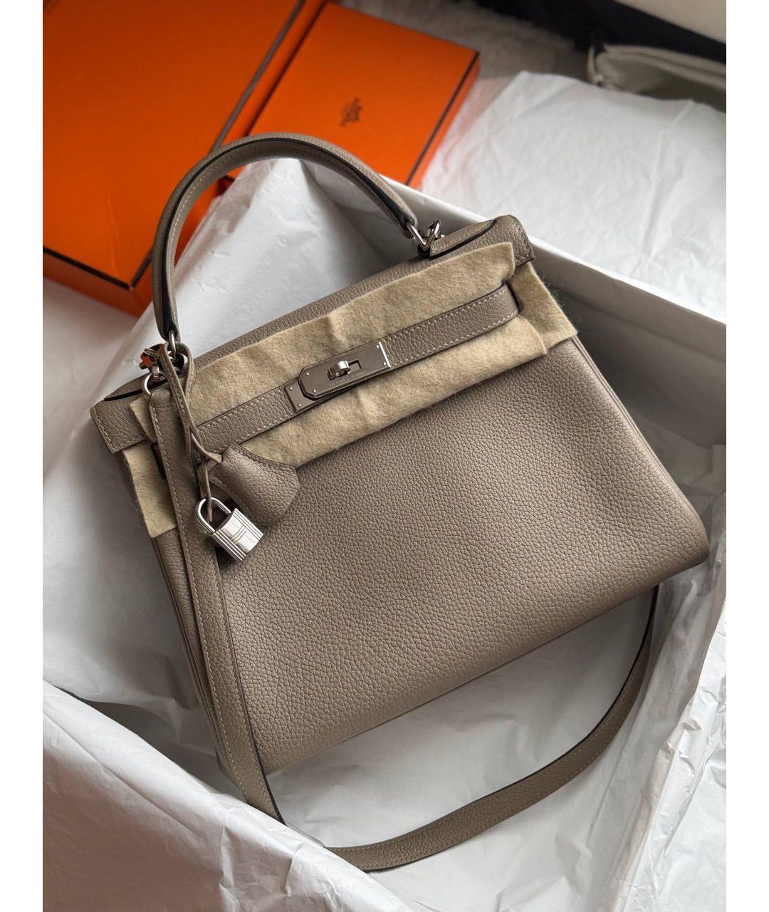 HERMES Бежевая кожаная сумка с короткими ручками, фото 2