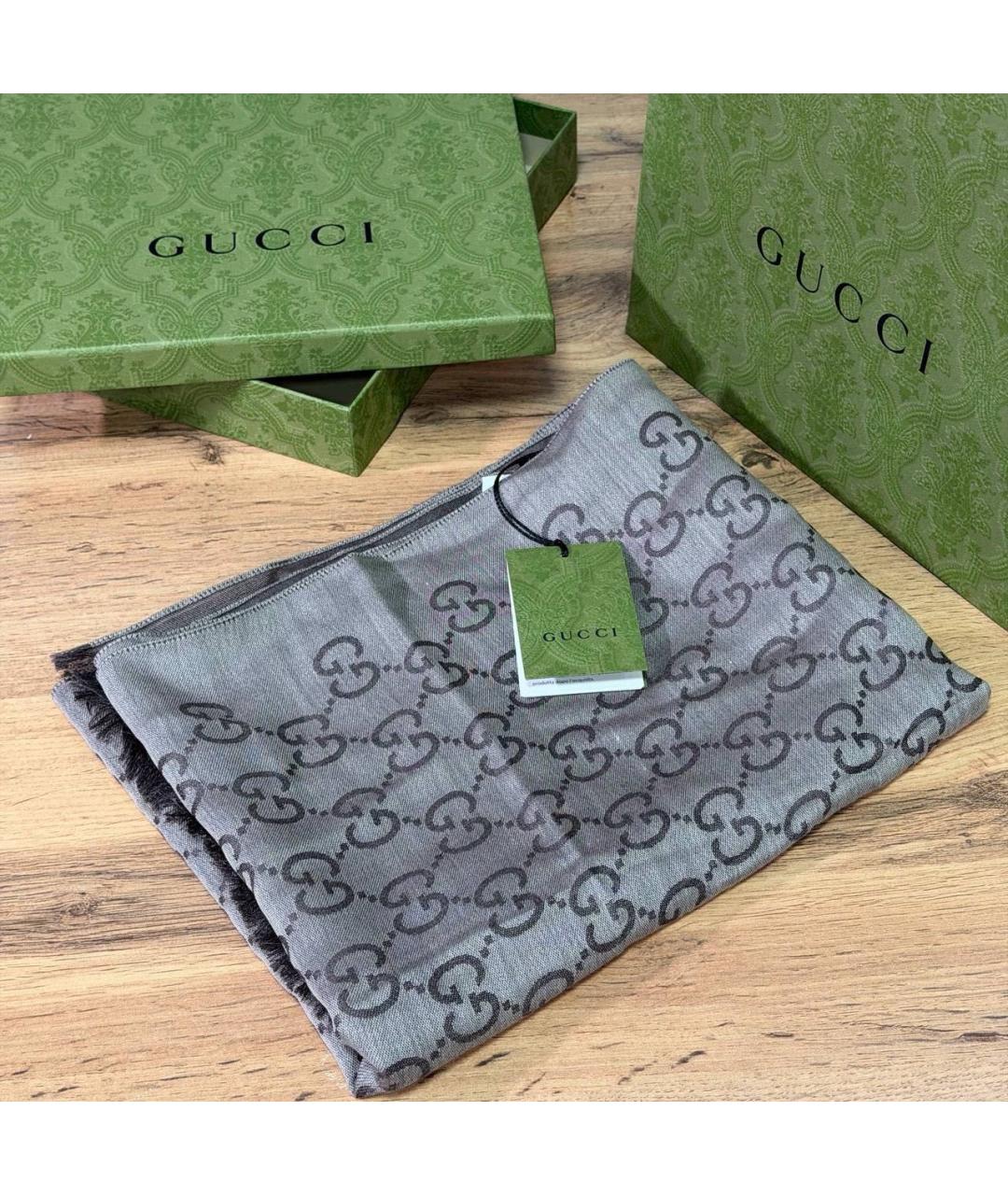 GUCCI Серый шелковый шарф, фото 2