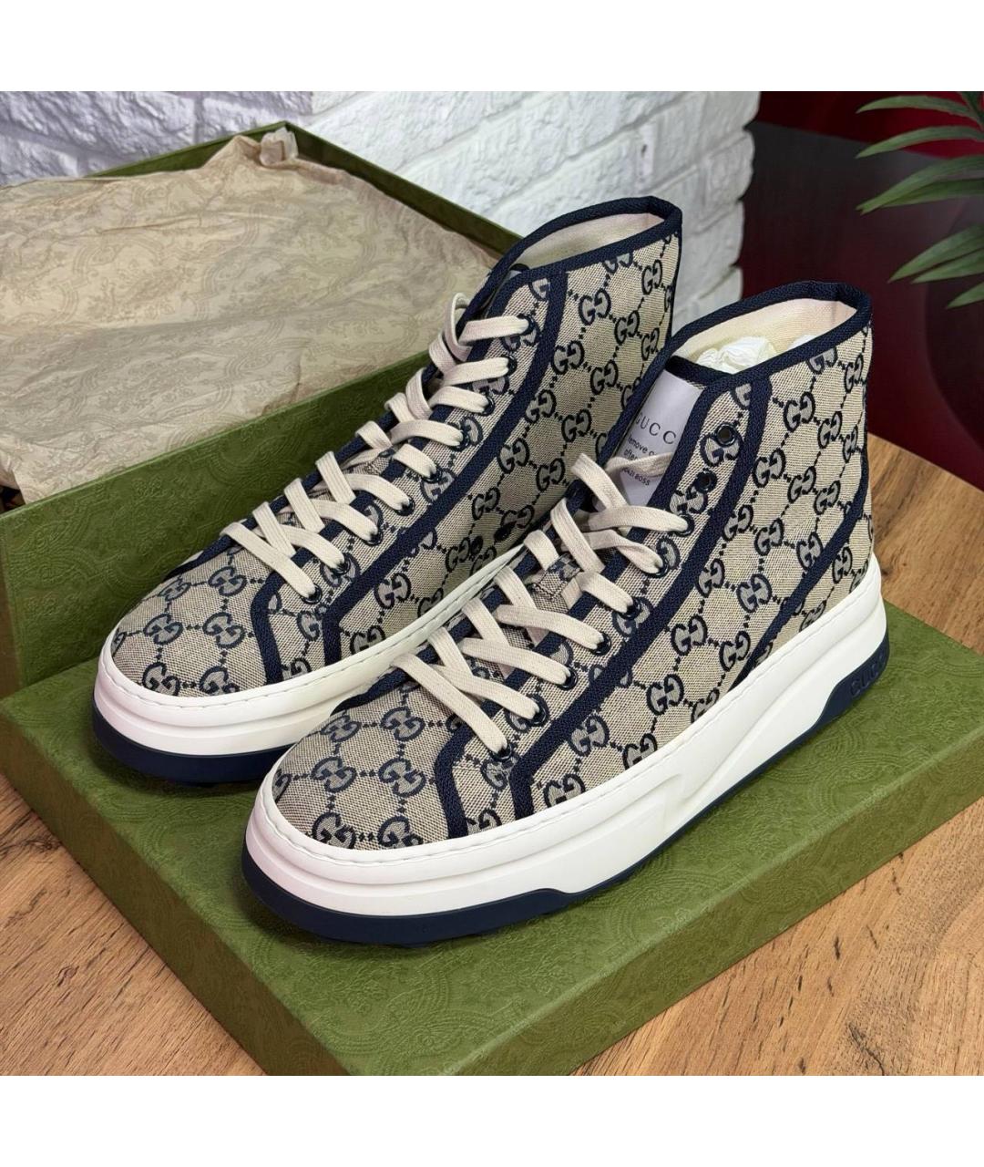 GUCCI Бежевые текстильные высокие кроссовки / кеды, фото 2