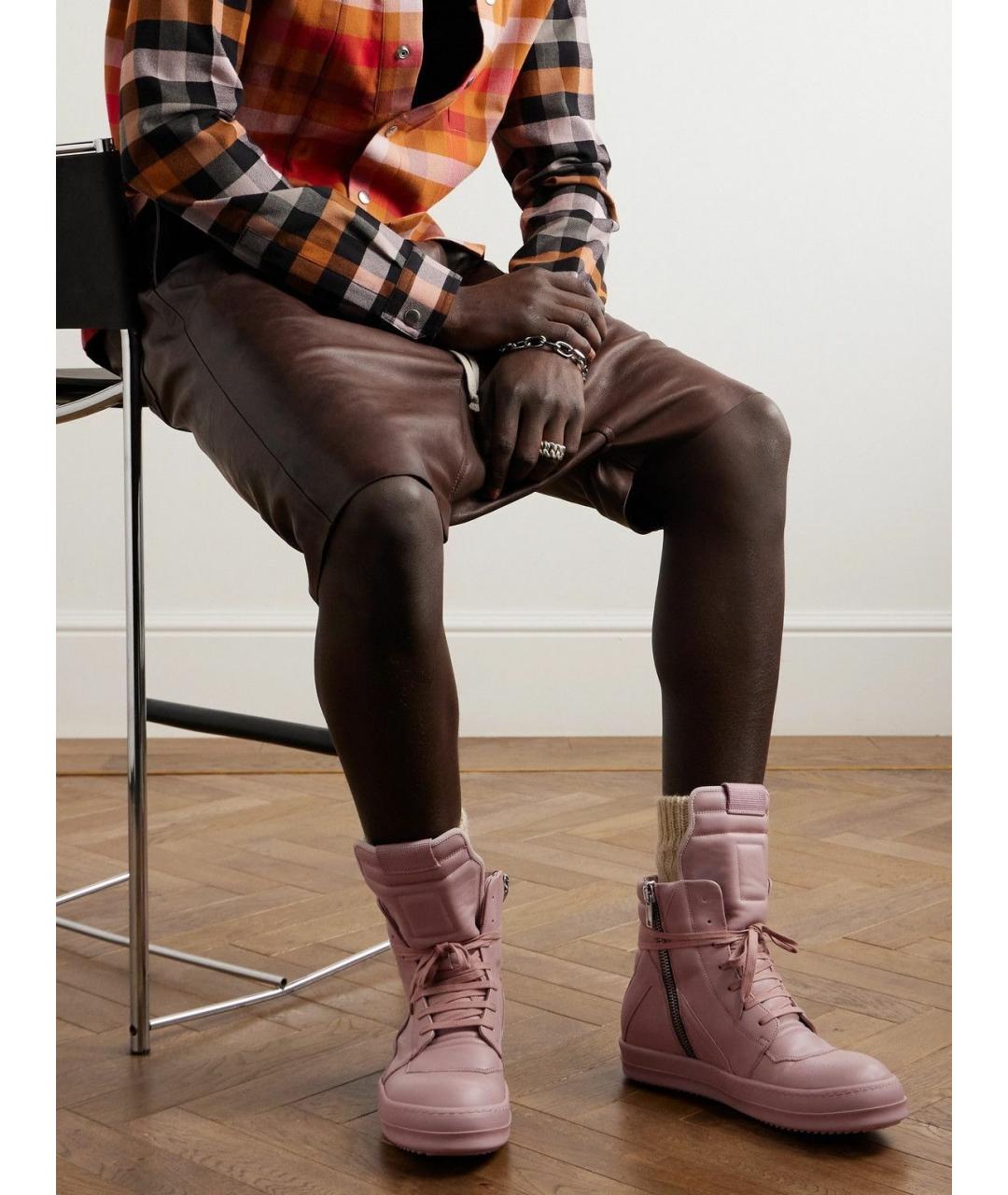 RICK OWENS Розовые кожаные высокие кроссовки / кеды, фото 7