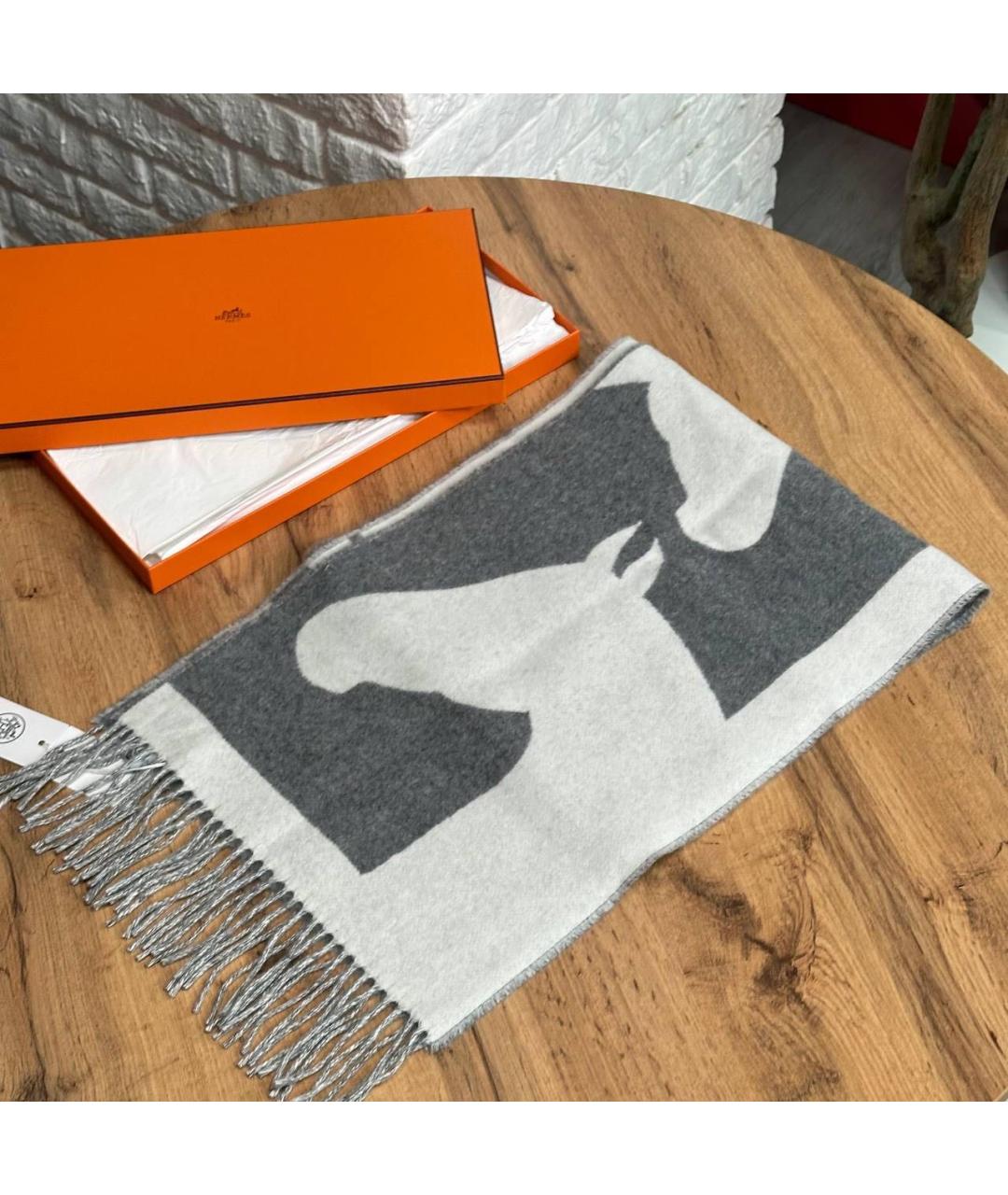HERMES Серый кашемировый шарф, фото 2
