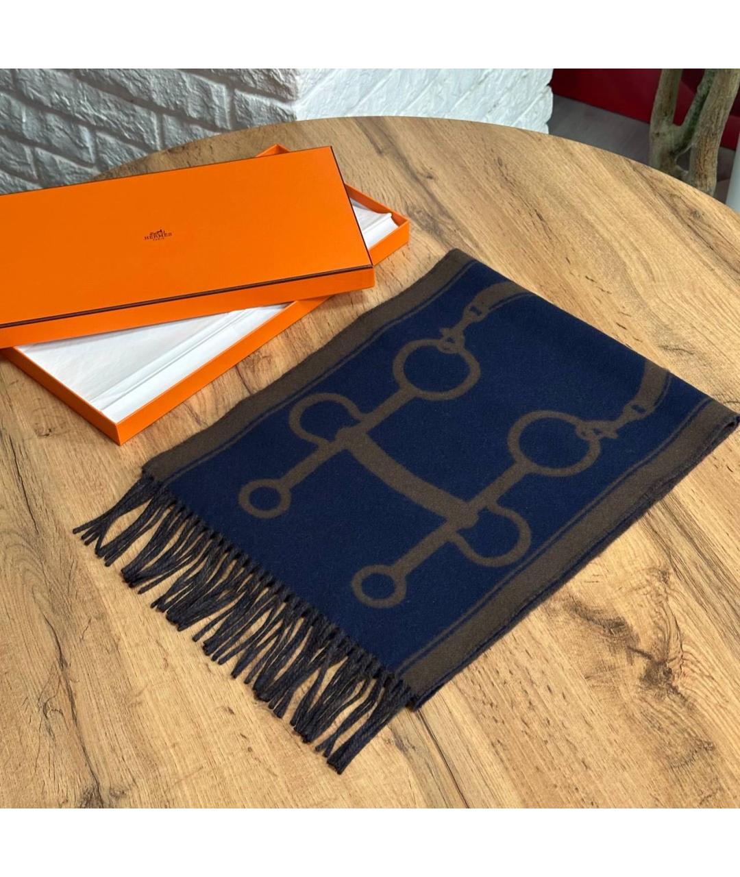 HERMES Черный шерстяной шарф, фото 4