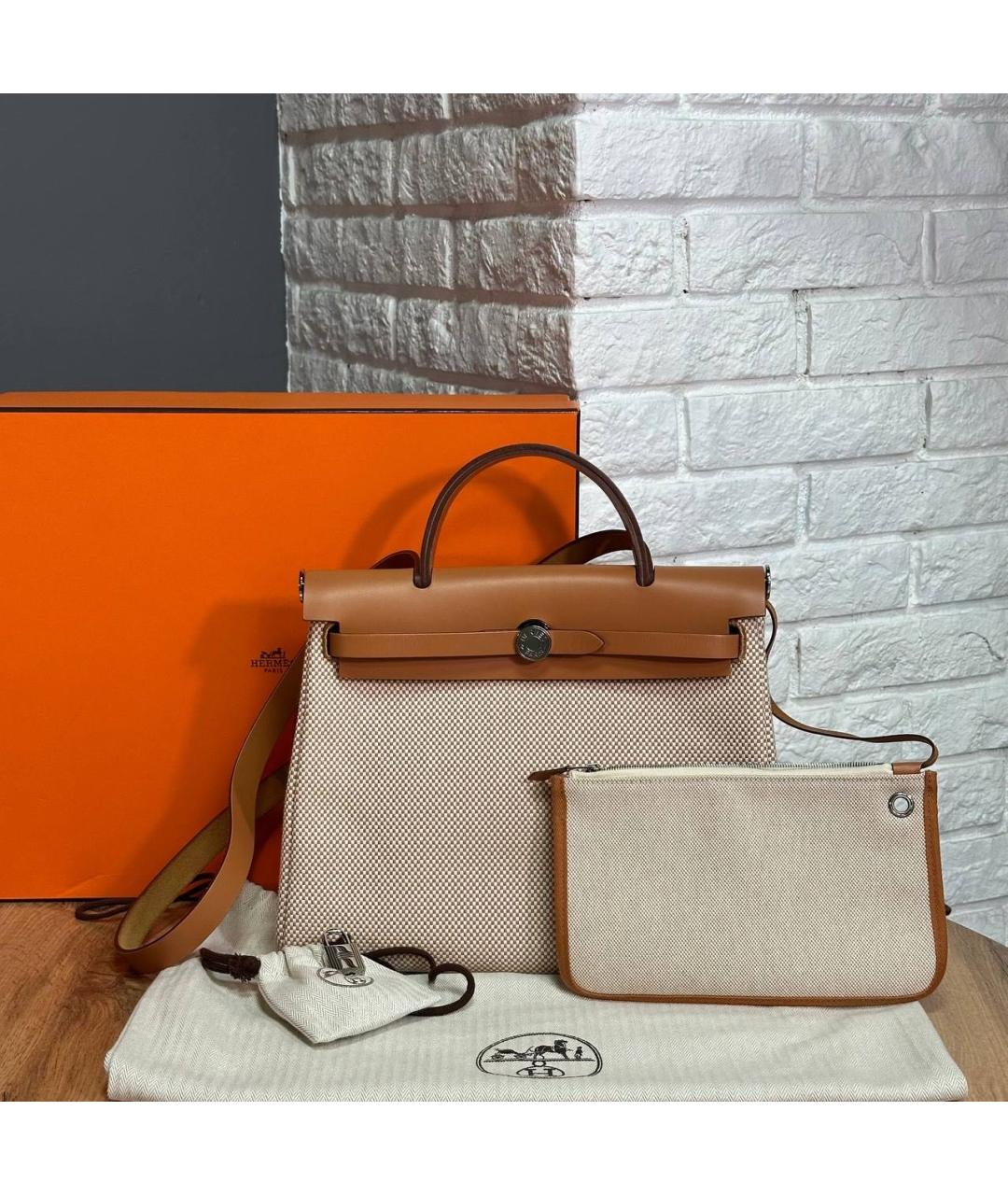 HERMES Бежевая тканевая сумка с короткими ручками, фото 6