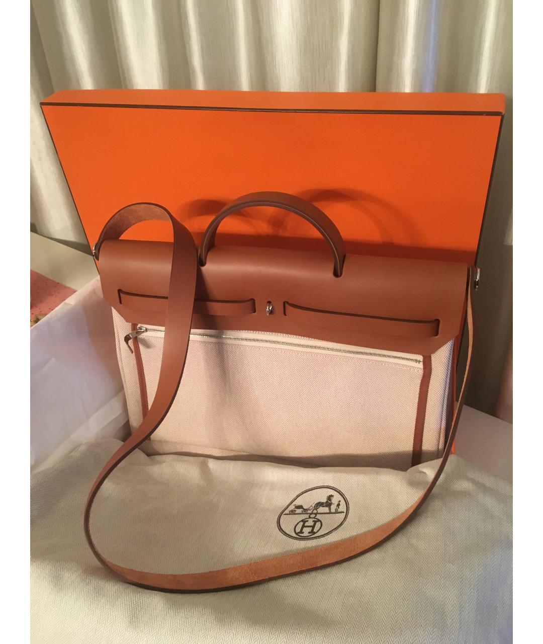 HERMES Бежевая тканевая сумка с короткими ручками, фото 7