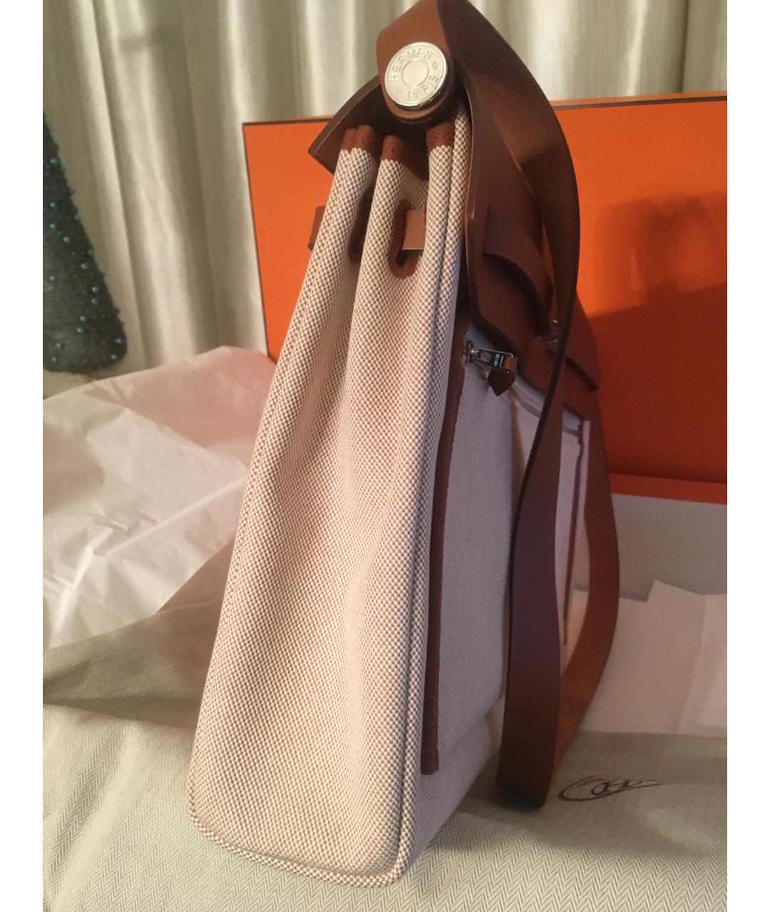 HERMES Бежевая тканевая сумка с короткими ручками, фото 2