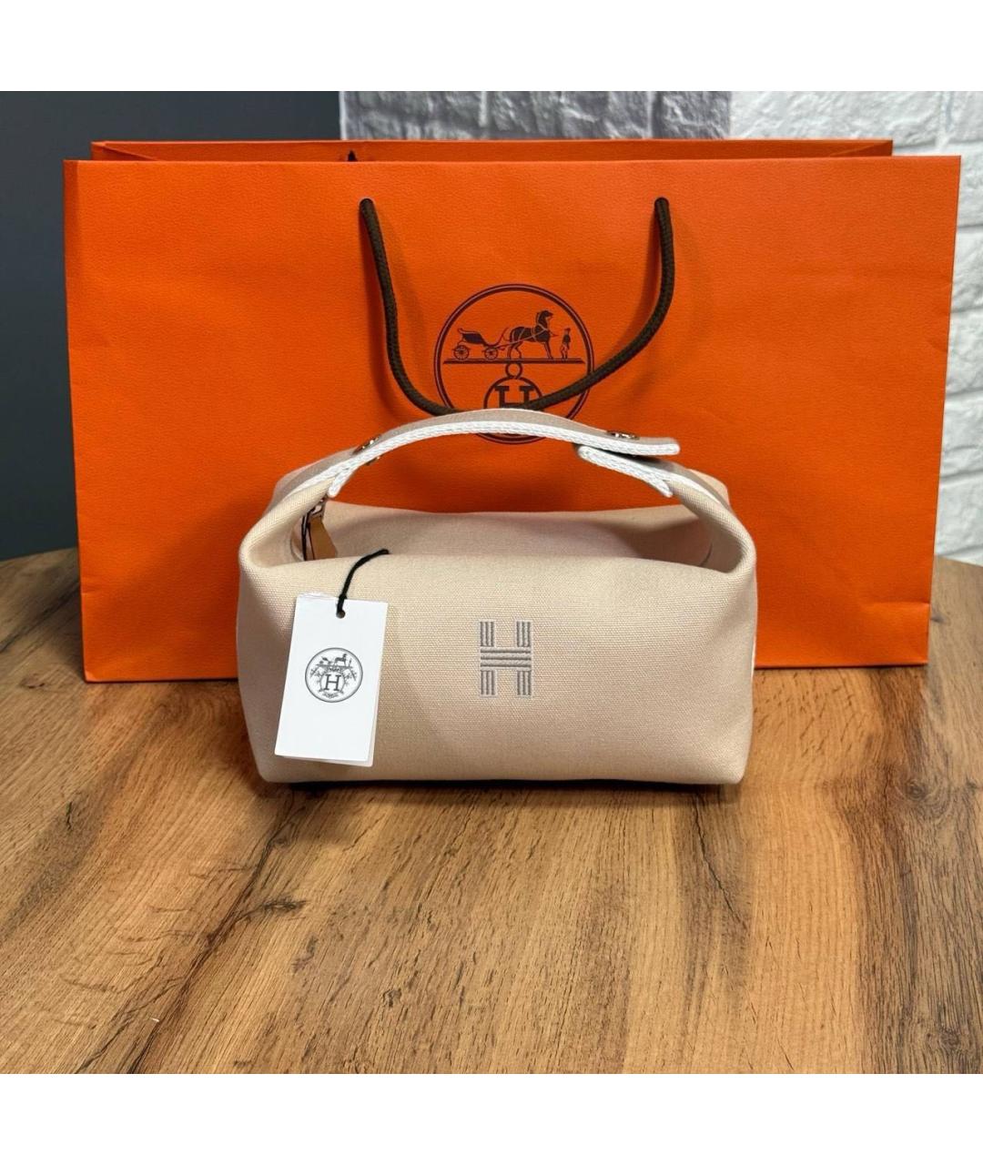 HERMES Бежевая тканевая косметичка, фото 4