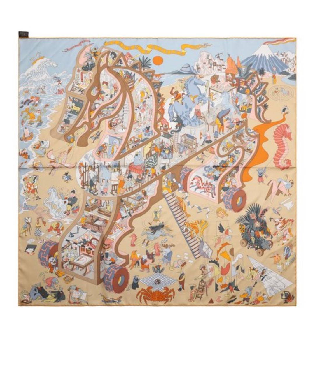 HERMES Бежевый шелковый платок, фото 2