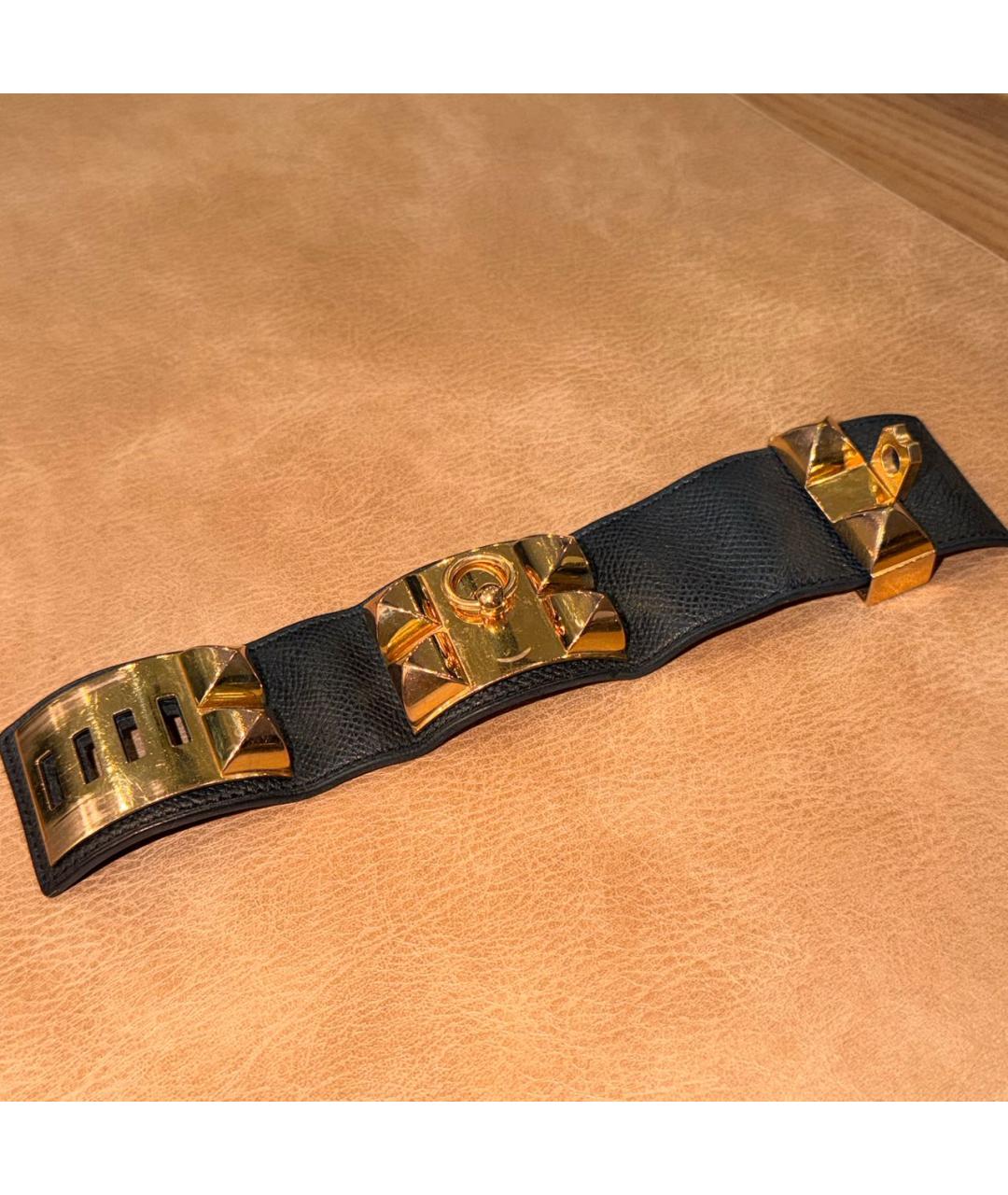 HERMES Черный кожаный браслет, фото 3