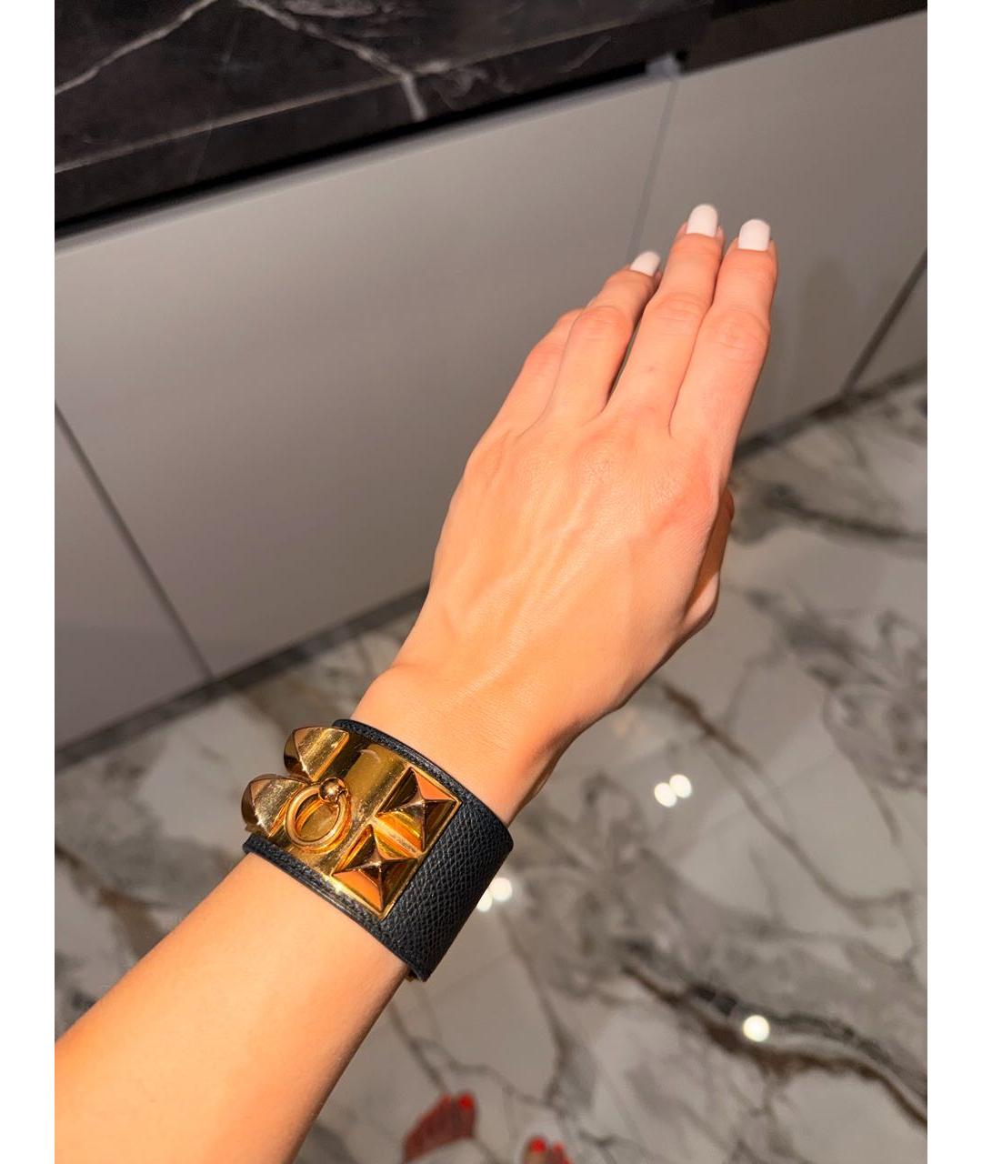 HERMES Черный кожаный браслет, фото 5