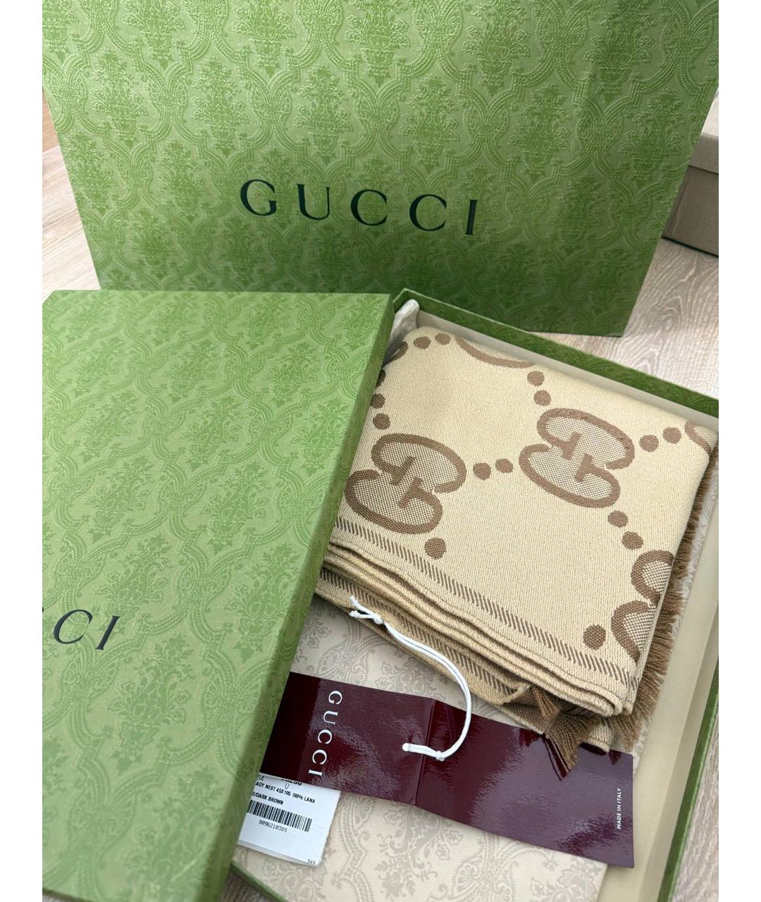 GUCCI Коричневый шерстяной шарф, фото 3