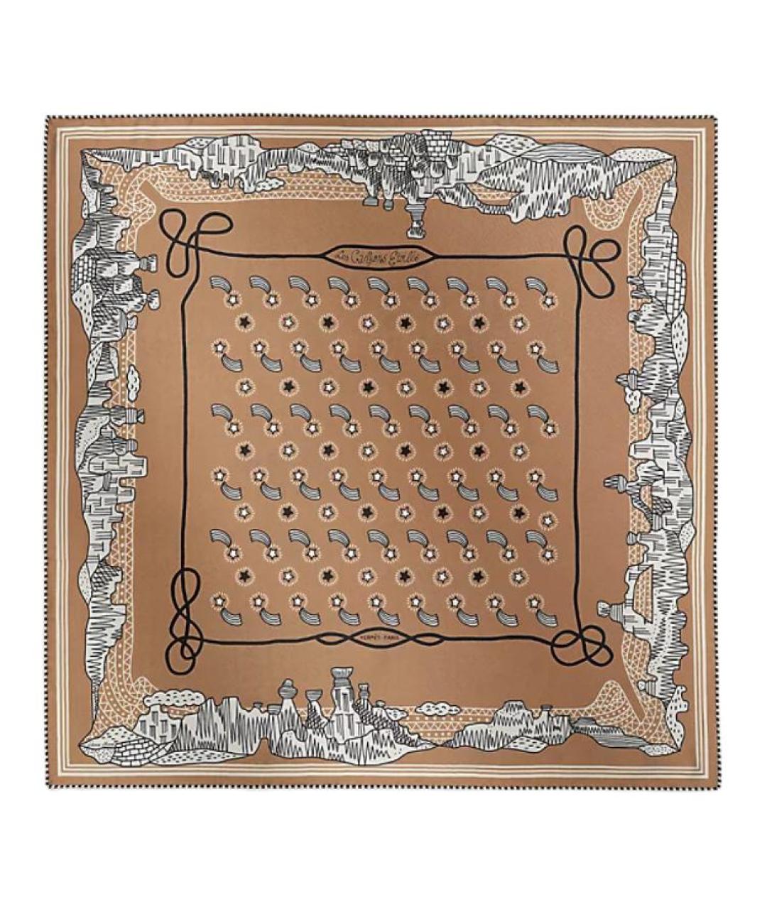 HERMES Коричневый шелковый платок, фото 1