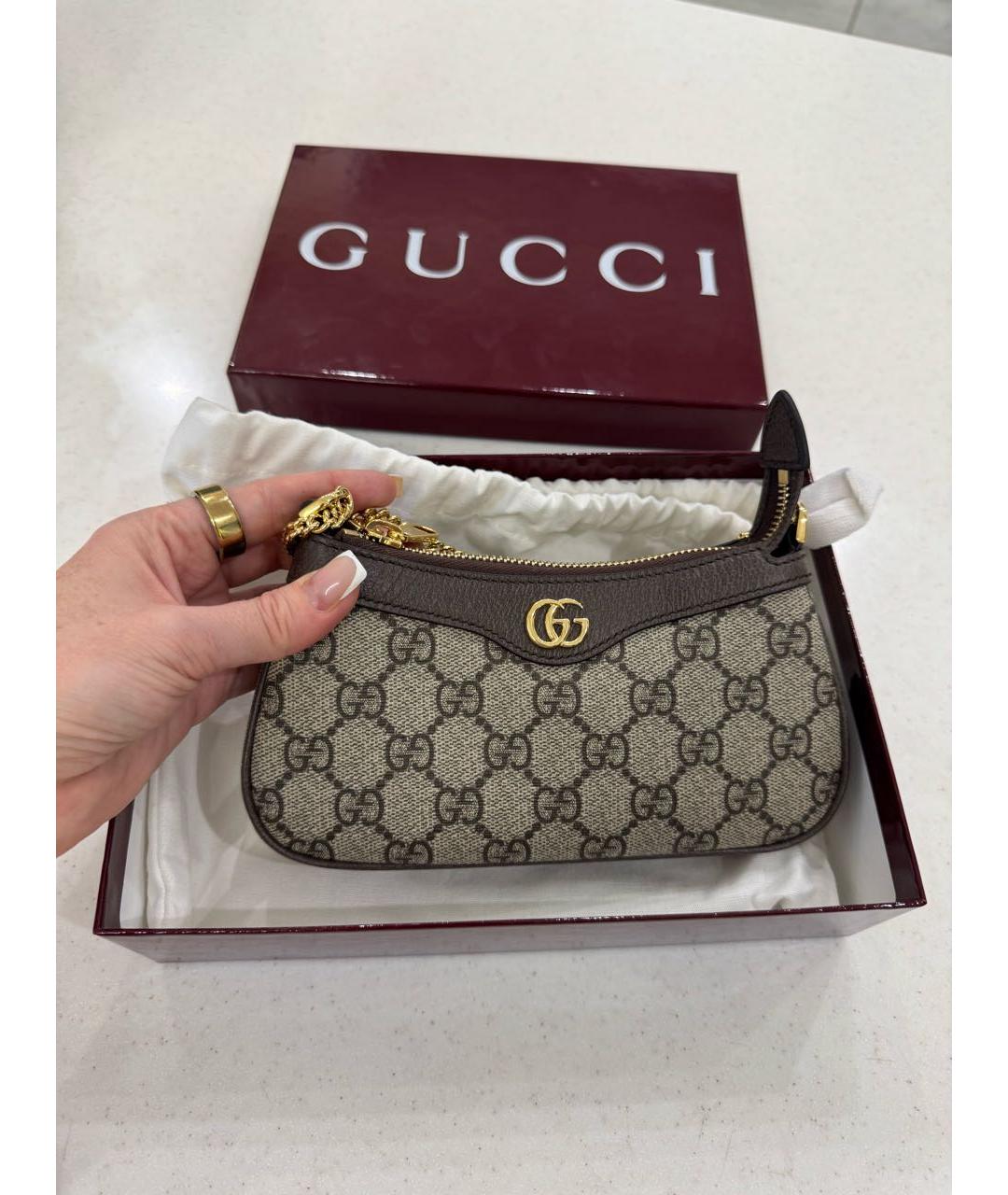 GUCCI Коричневая жаккардовая сумка с короткими ручками, фото 4