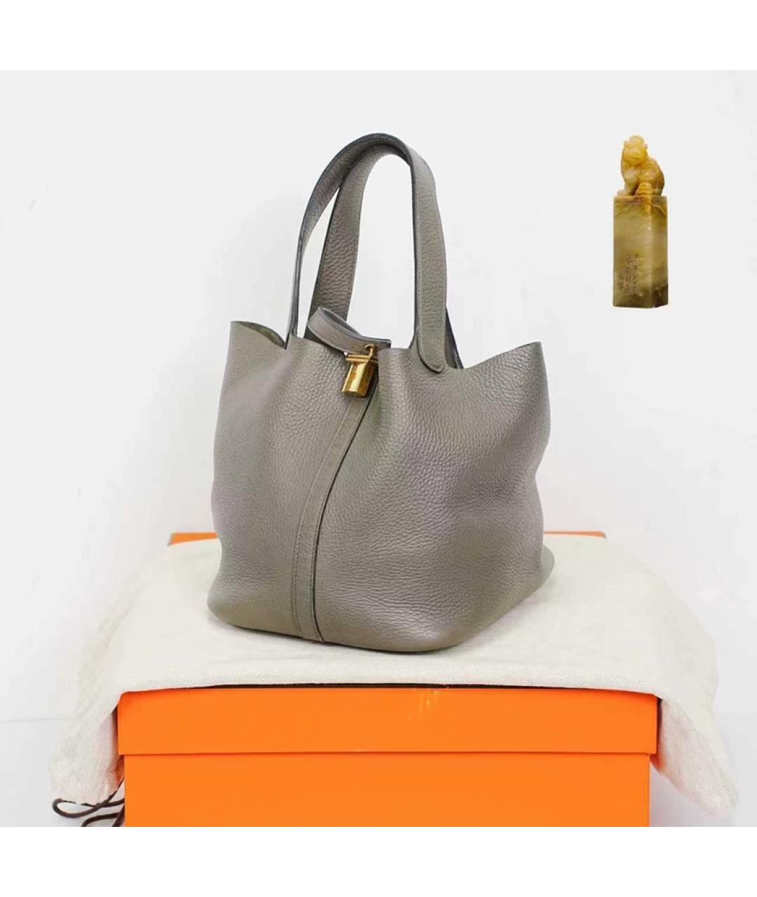 HERMES Серая кожаная сумка с короткими ручками, фото 9