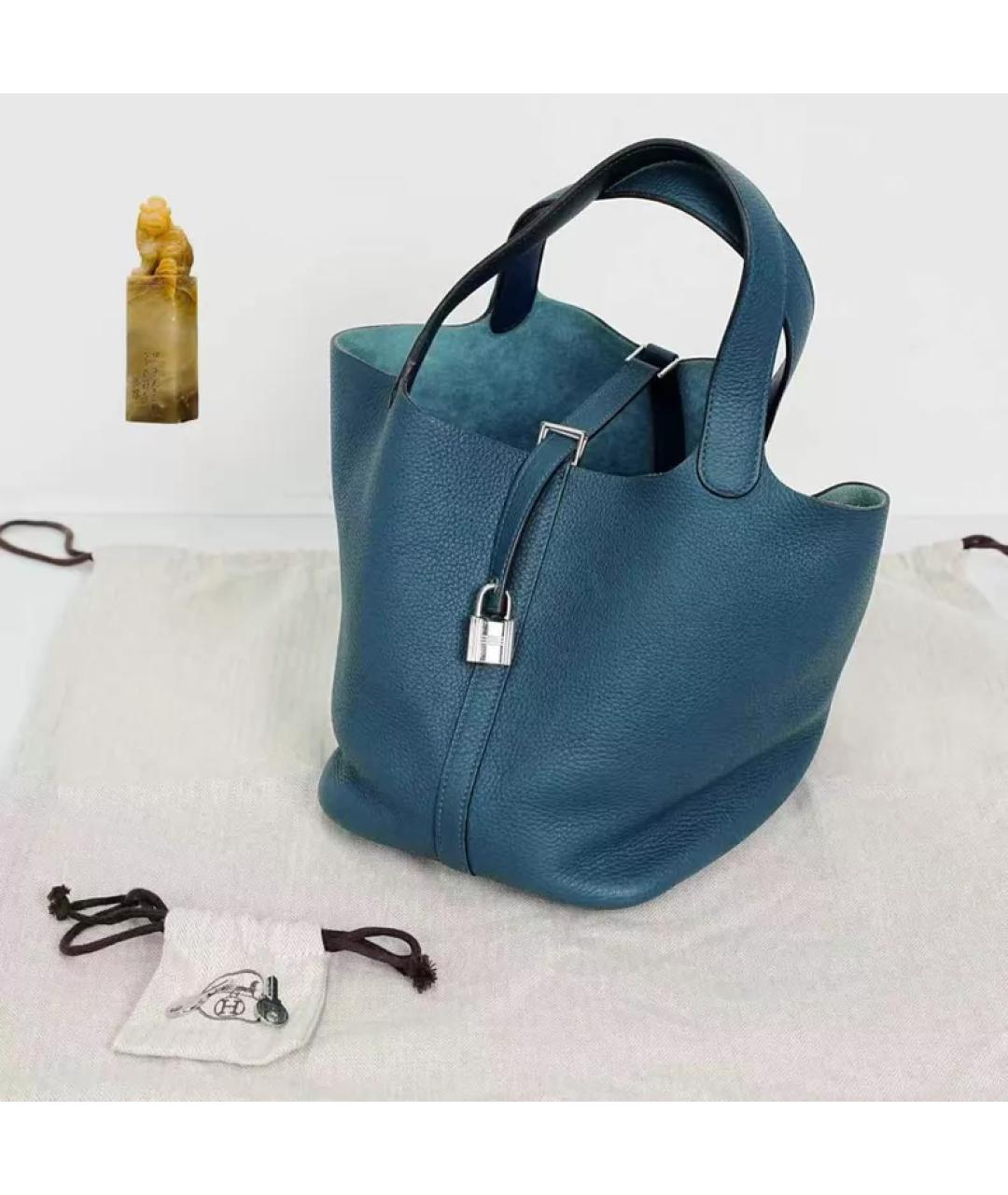 HERMES Темно-синяя кожаная сумка с короткими ручками, фото 9