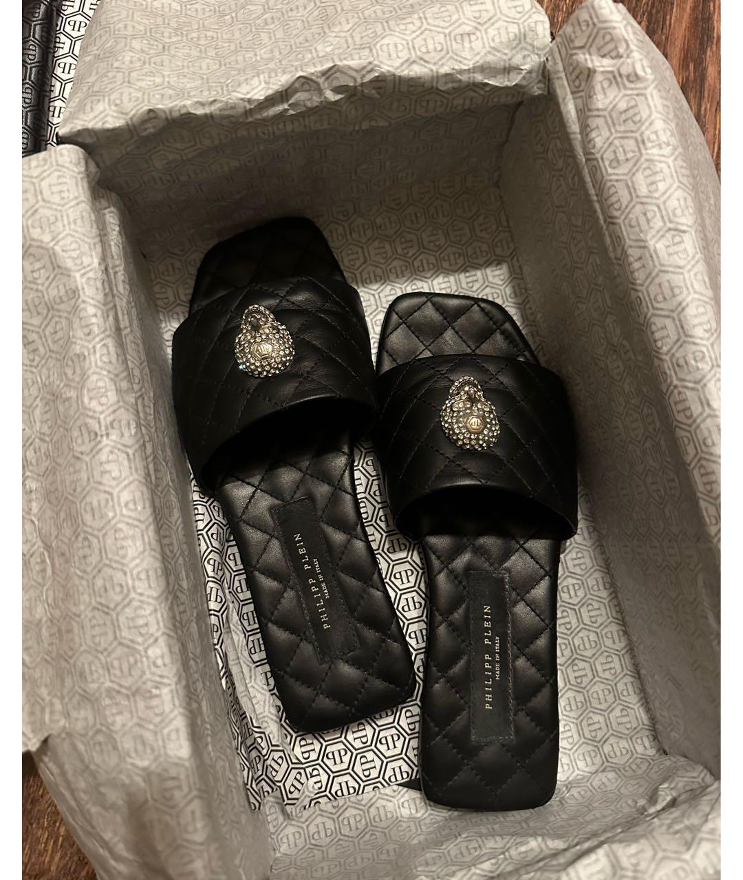 PHILIPP PLEIN Черные кожаные шлепанцы, фото 2