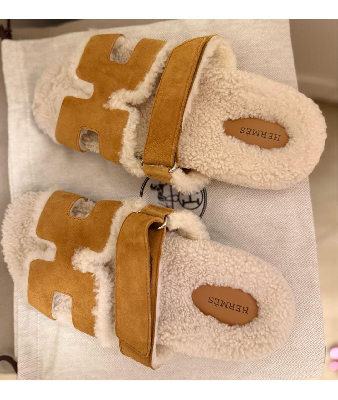 HERMES Бежевые замшевые шлепанцы, фото 8