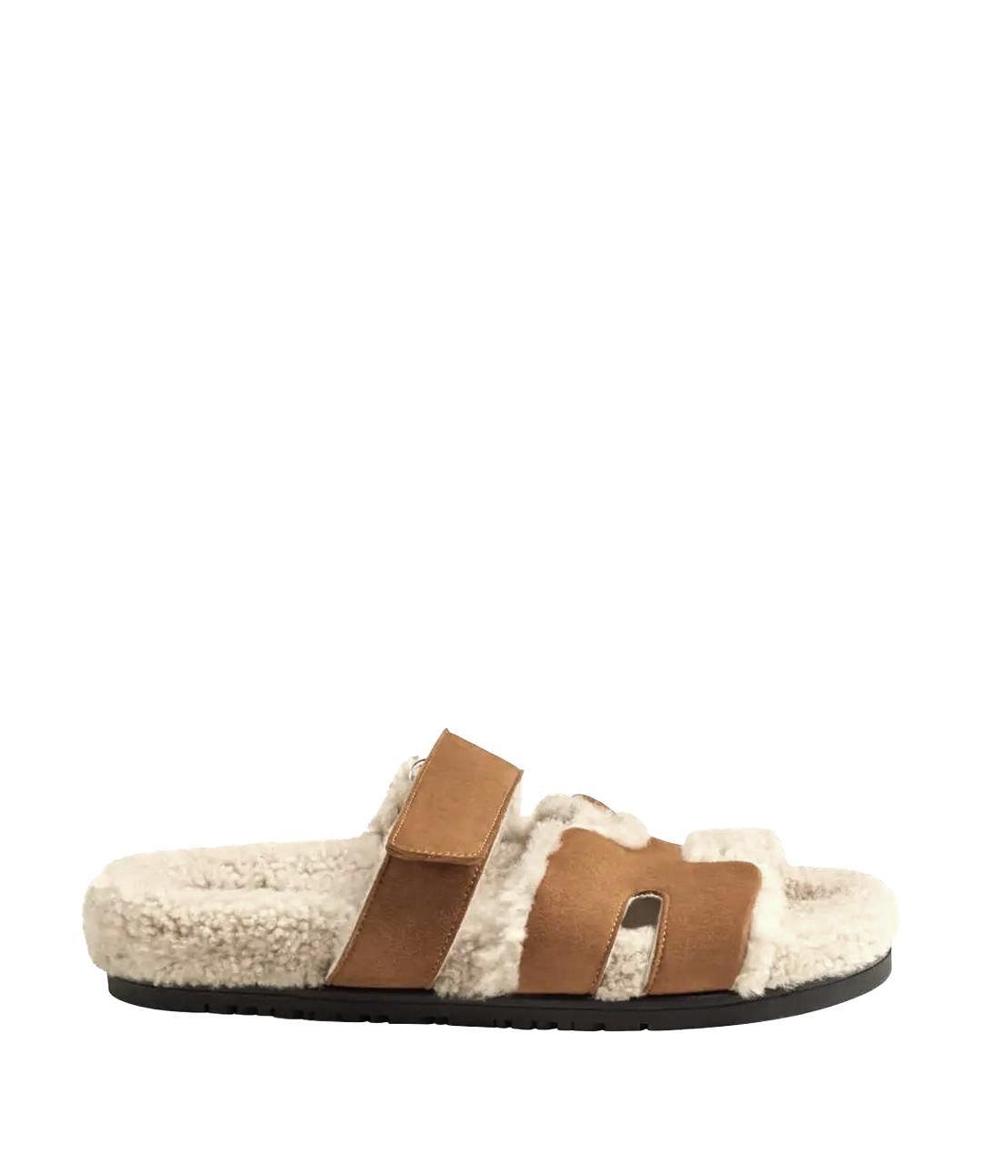HERMES Бежевые замшевые шлепанцы, фото 1